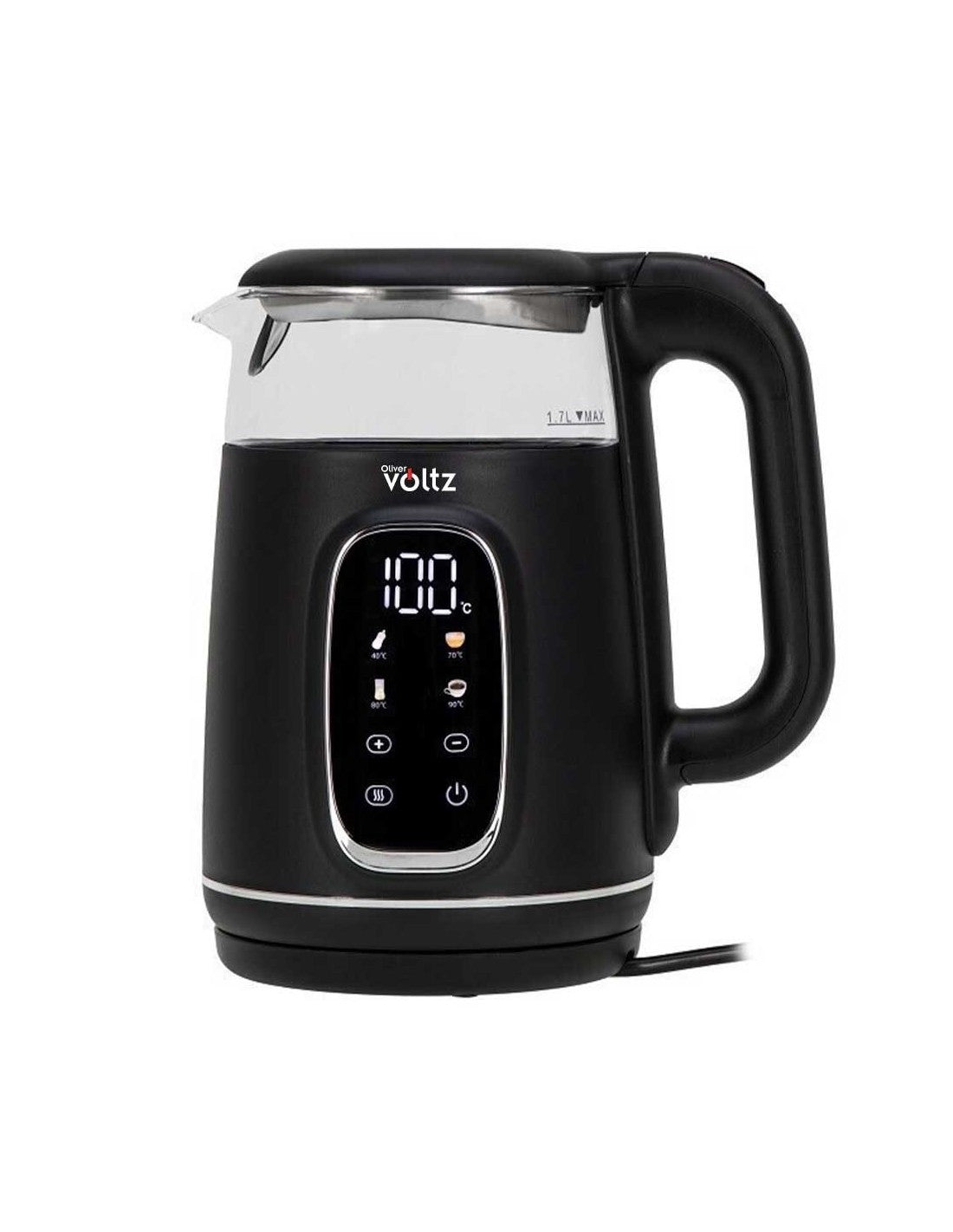 Fierbator electric, 1.7litri, 2200W, LCD, 13 trepte temperatura, mentine cald, Oliver Voltz, Negru/Argintiu