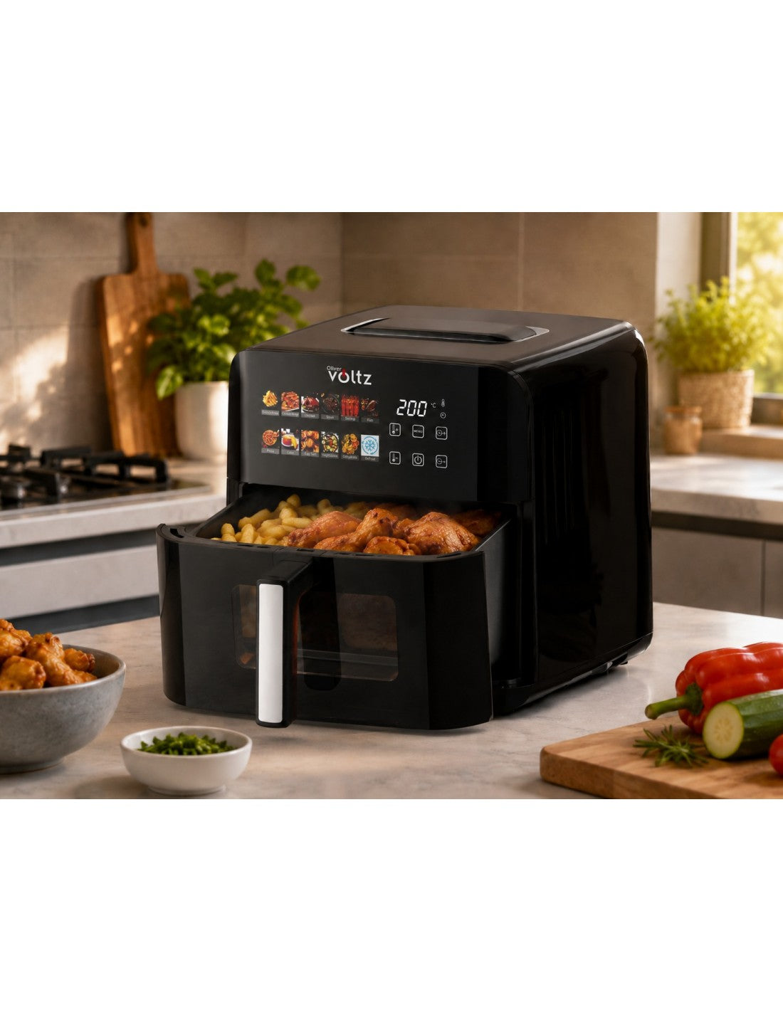 Air Fryer/ Friteuza cu aer cald, 8 litri, 1800W, 12 programe, display LED color, fereastra transparenta, timer, Oliver Voltz