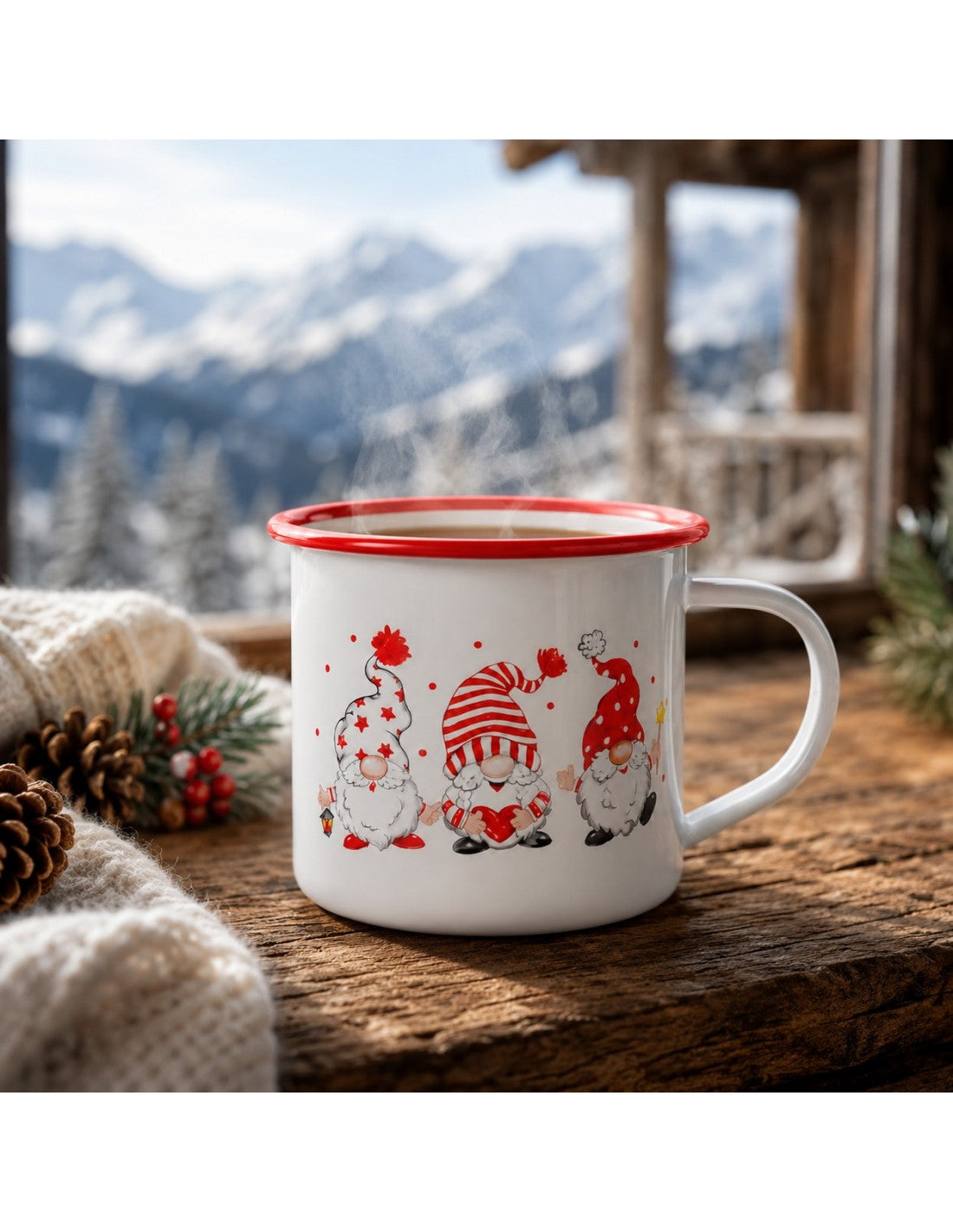 Cana emailata cu maner, 250 ml, decor Craciun, Rosberg, alba