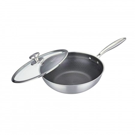 Tigaie WOK hybrid FUSIONHEX PRO, 28x8.5cm, capac sticla, suprafata anti-zgarieturi, acoperire antiaderenta, inox 18/10, Goldmann