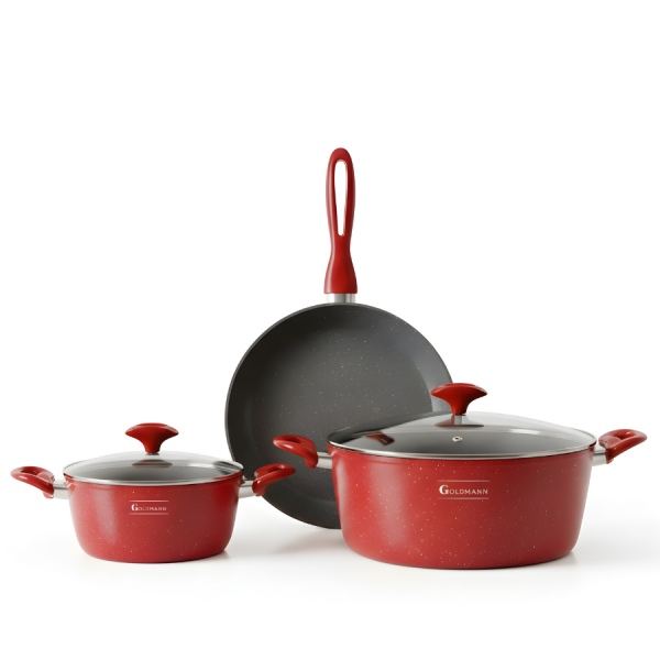 Set vase gatit, 5 piese, aluminiu forjat, 20/28/28cm, marmorat interior-exterior, inclusiv inductie, GOLDMANN, rosu