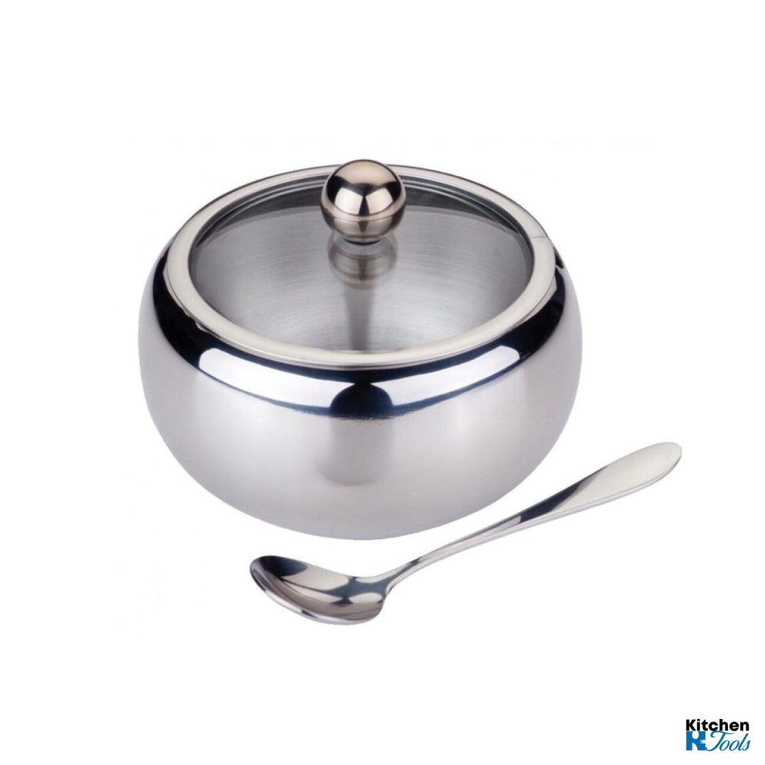 Recipient Zahăr Inox cu Capac Sticlă și Linguriță