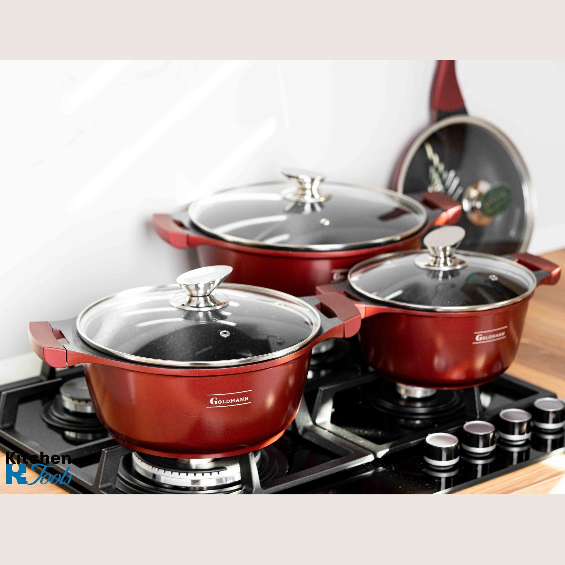 Set vase Goldmann 8 piese, aluminiu antiaderent, maro