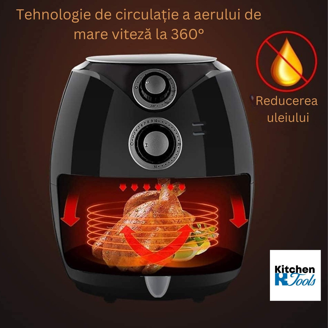 Friteuza Airfryer cu aer cald Rosberg, 1600W, Negru