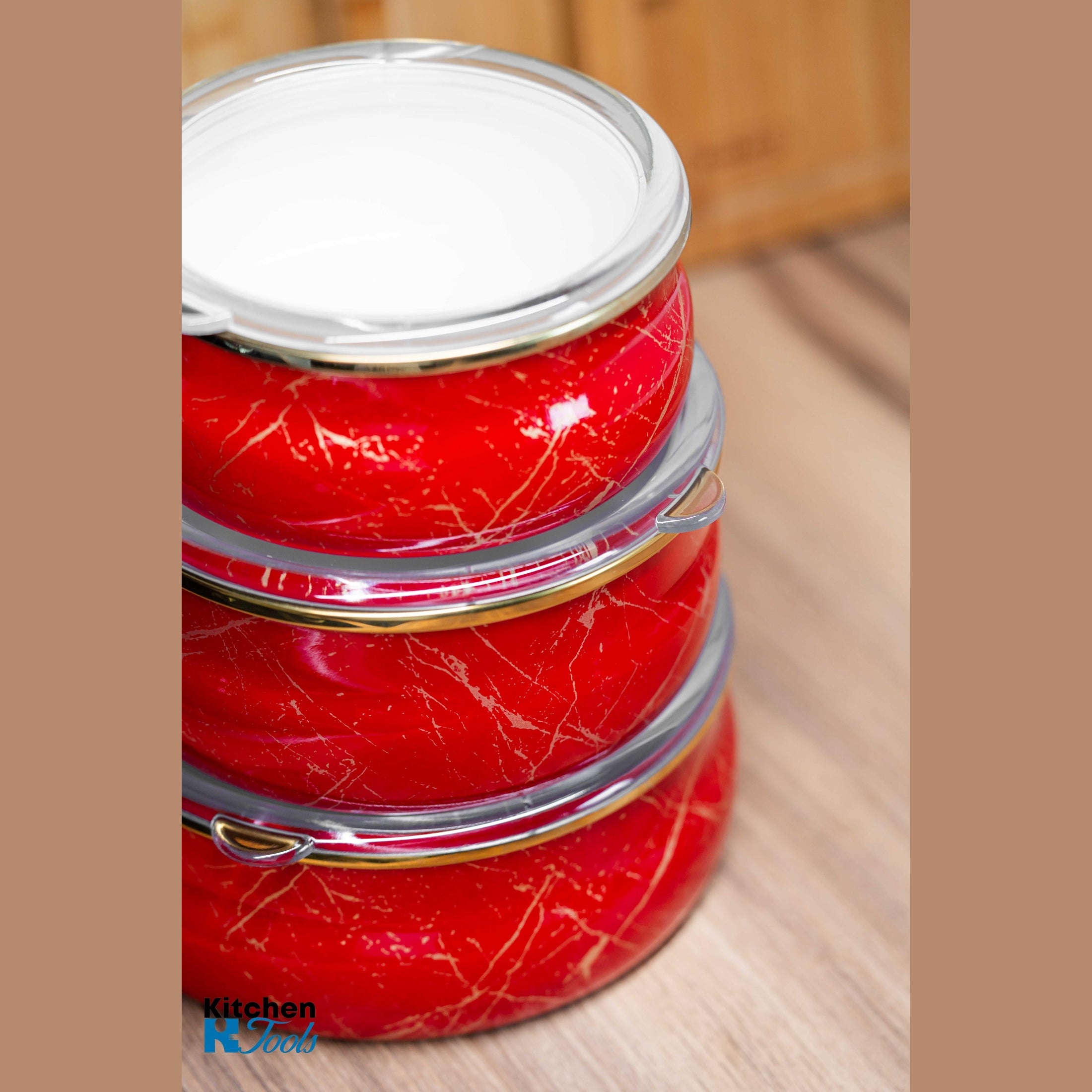 Set boluri emailate cu capac Goldmann, roșii