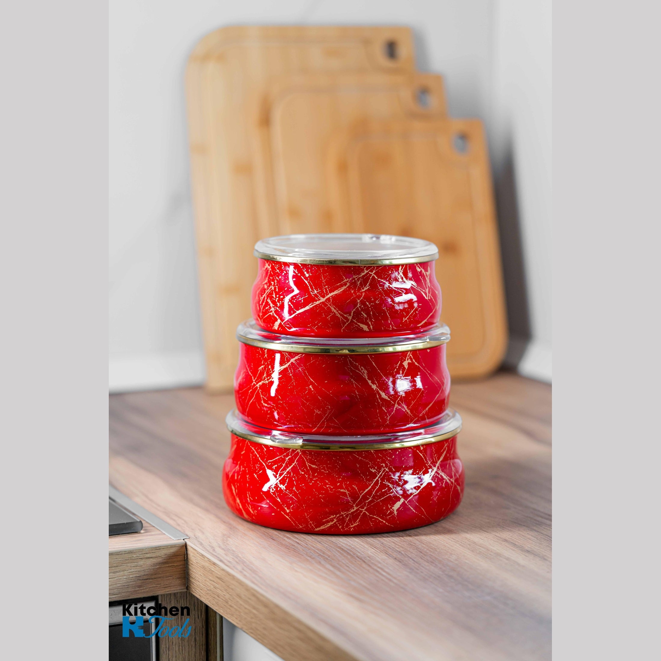 Set boluri emailate cu capac Goldmann, roșii