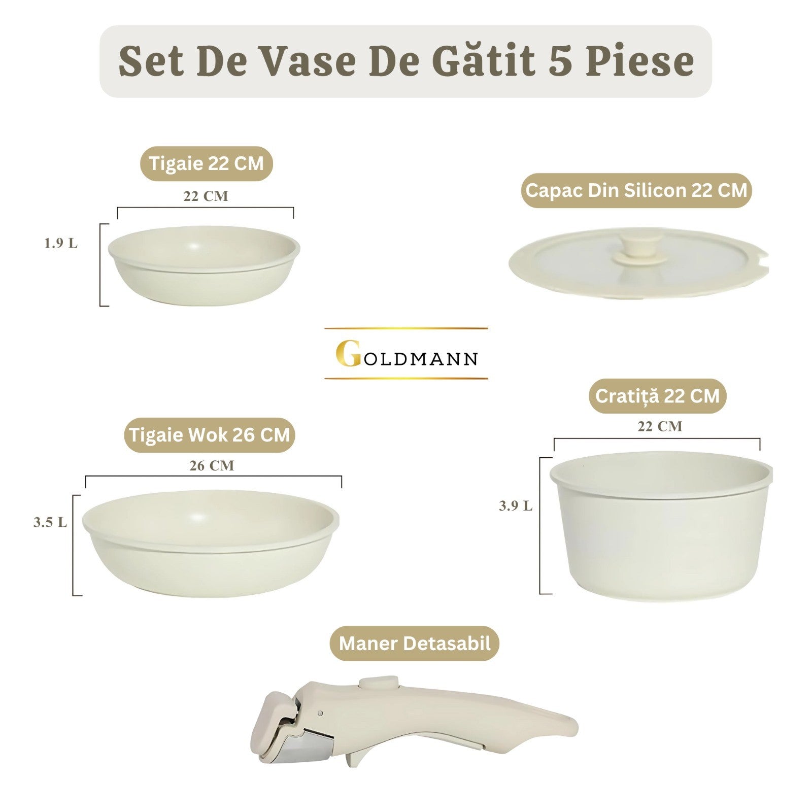 Set 5 Piese Aluminiu Goldmann cu Maner Detasabil