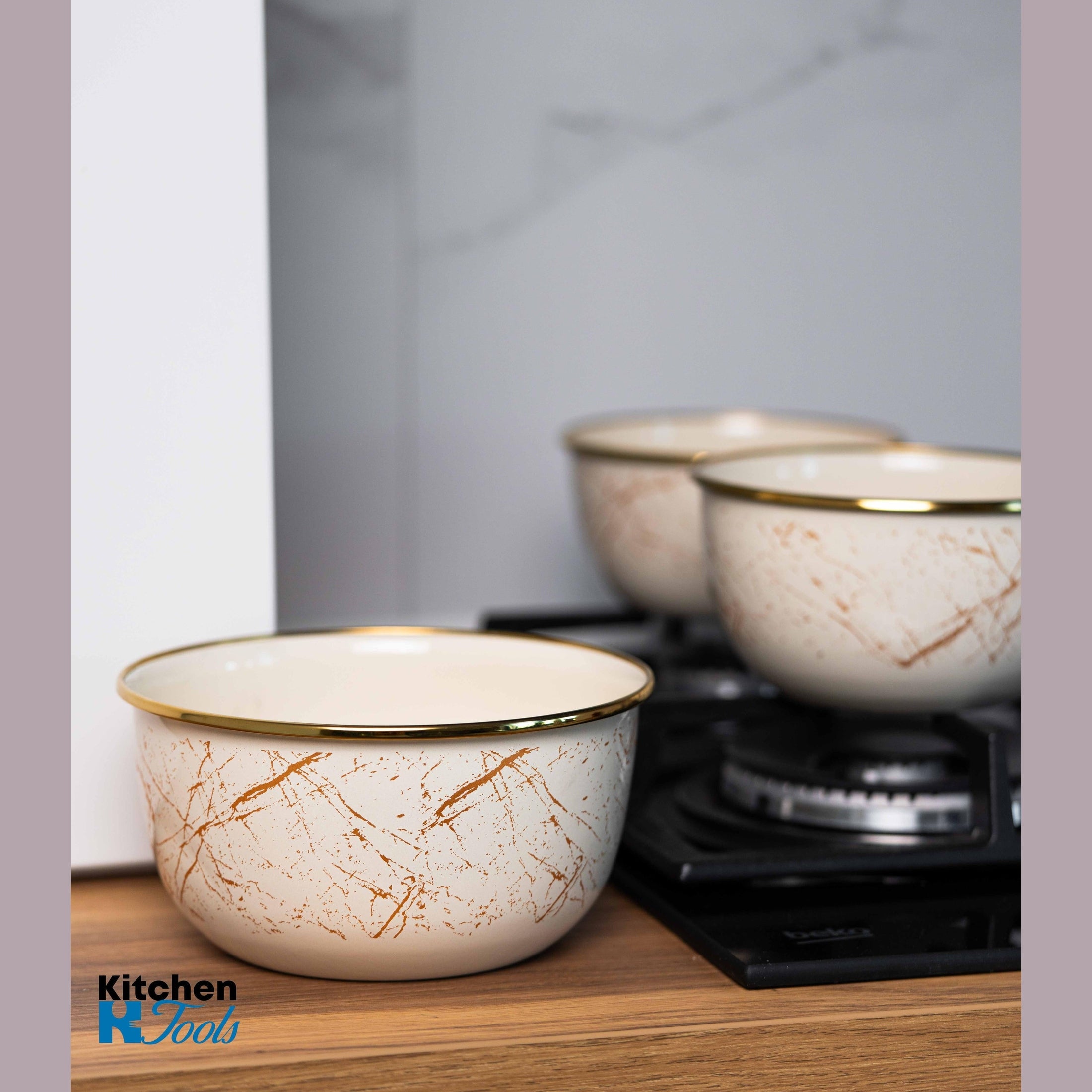 Bol Emailat Bej, 16x8.5cm, 1.5L, Margine Cromată