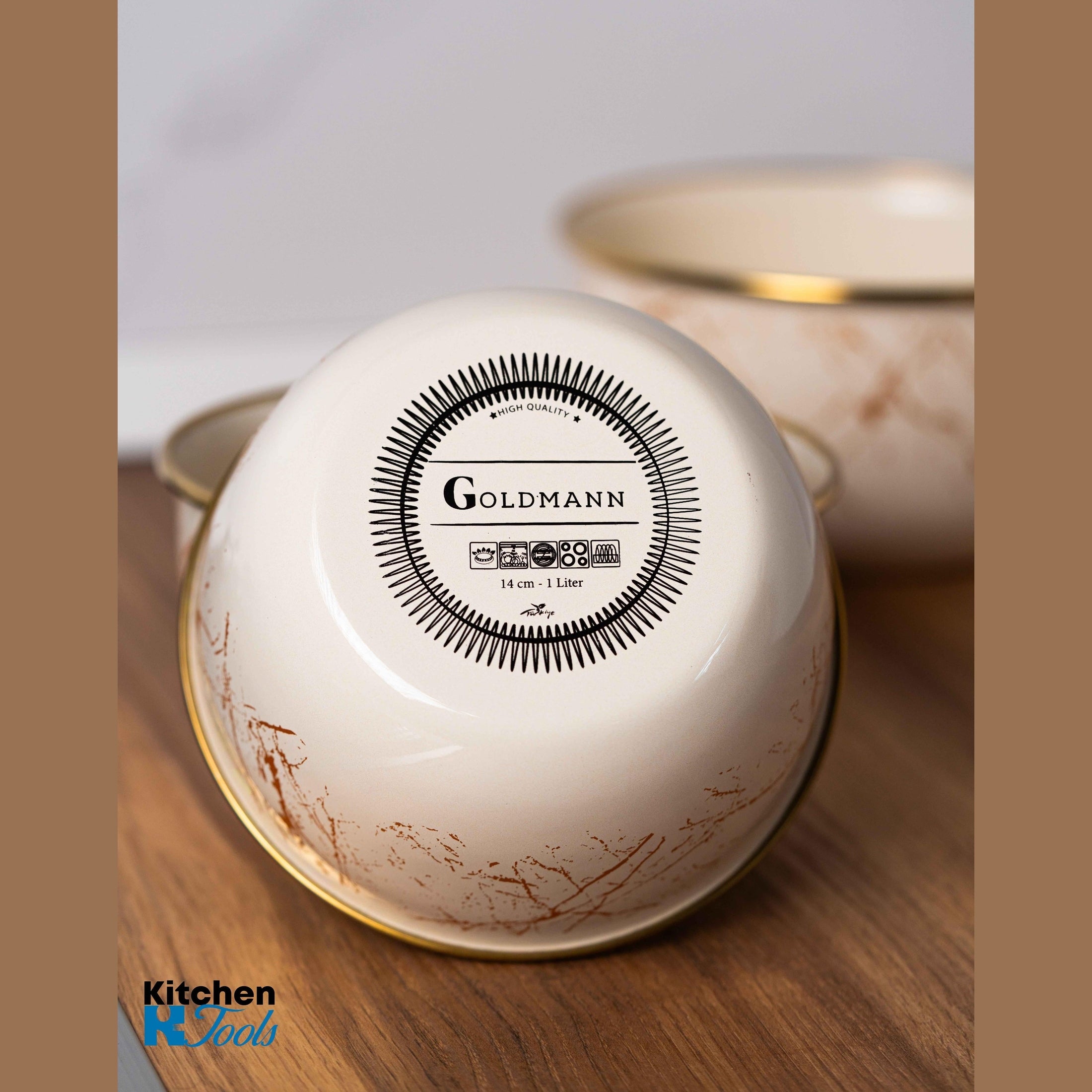 Bol Emailat Bej 1L Goldmann cu Margine Cromată