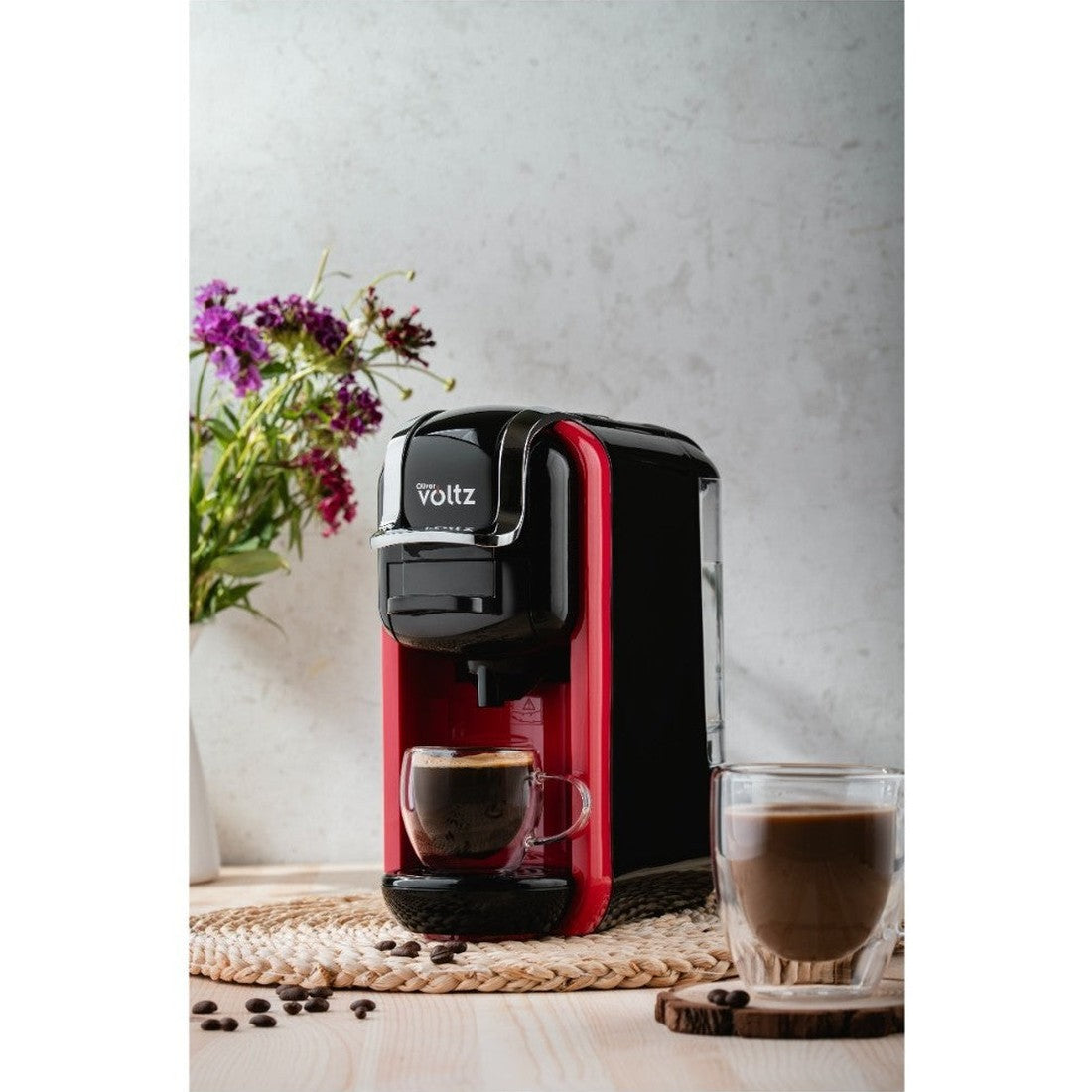 Espressor de cafea cu capsule  8 in 1, cafea macinata, Oliver Voltz  19 bari, 1450W, negru/rosu RESIGILAT