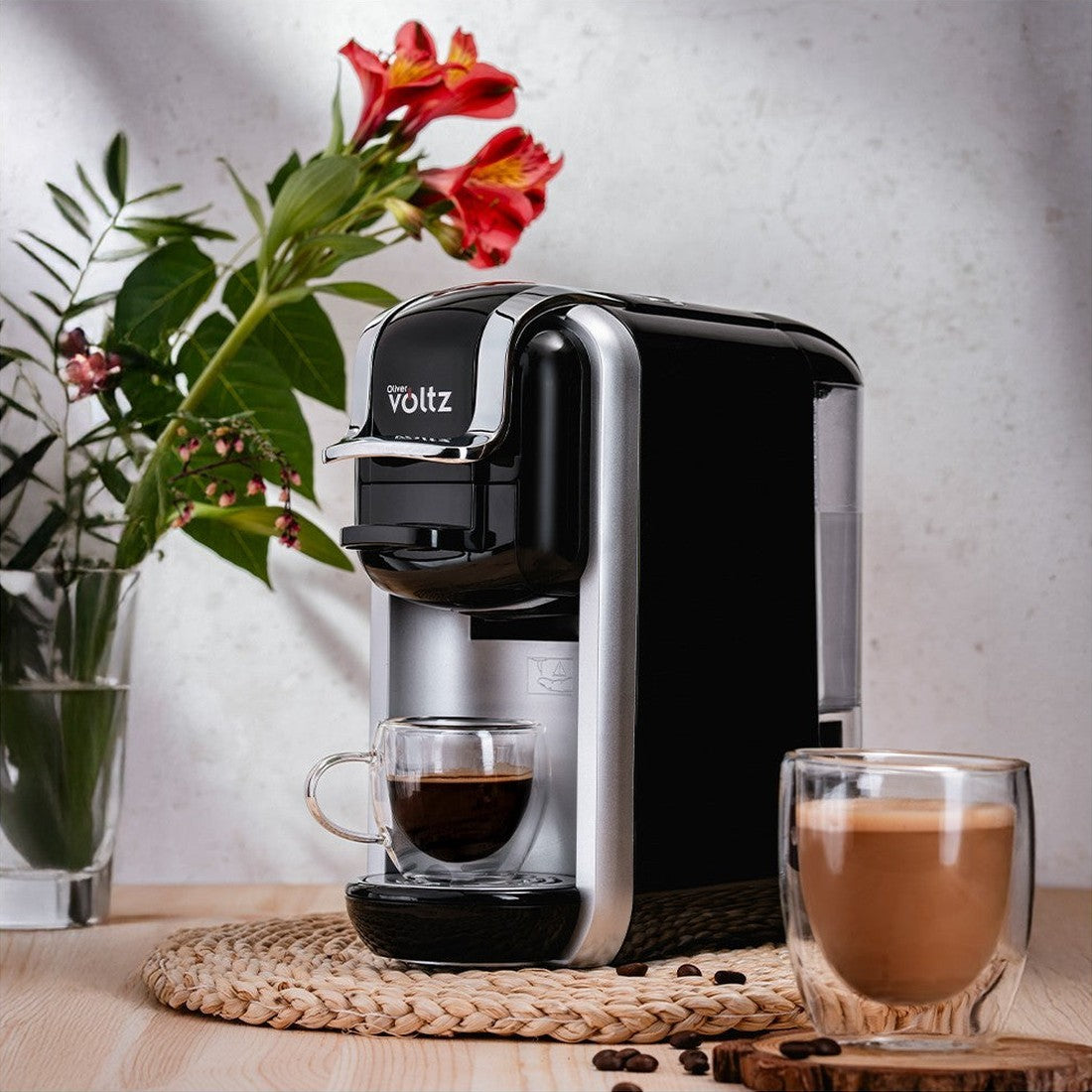 Espressor de cafea cu capsule 8 în 1, cafea macinata/capsule/paduri, Oliver Voltz, 19 bari, 1450W, negru