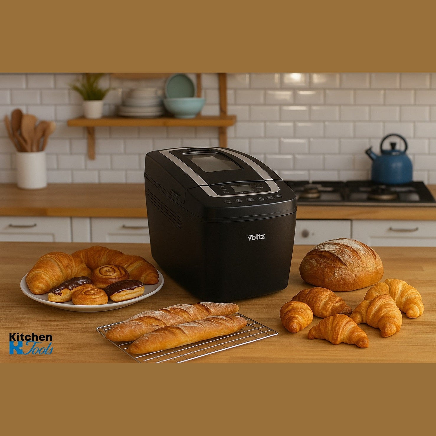 Masina de copt paine, 12 programe, 3 trepte de rumenire, 800W, 1.25kg, ecran LCD, Oliver Voltz, negru