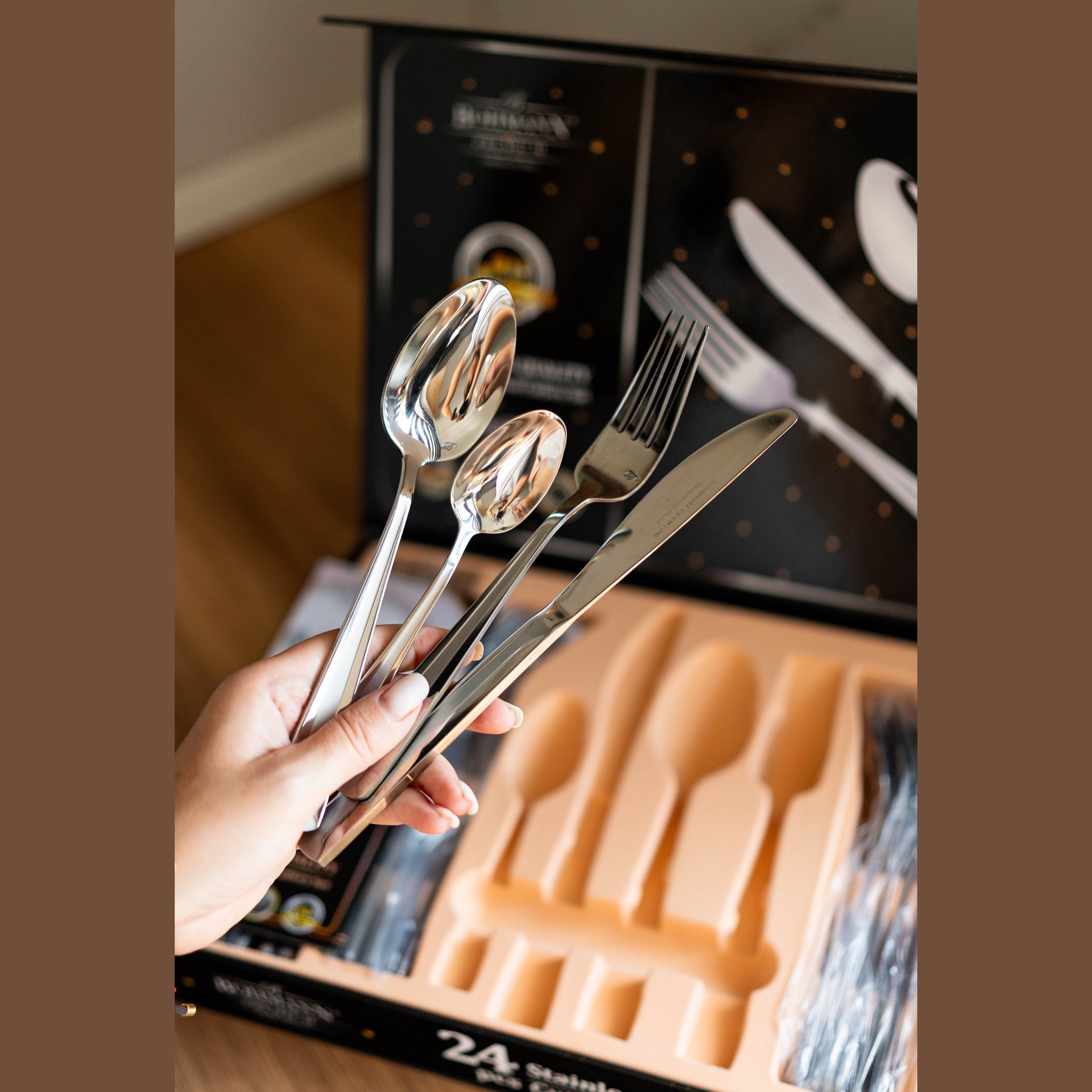 Set tacamuri 24 piese, 6 persoane, otel inoxidabil, Bohmann Premium, Argintiu