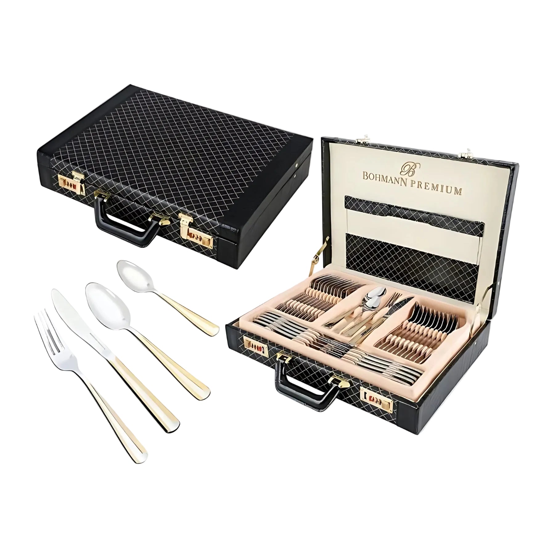 Set tacamuri PREMIUM 72 piese din inox, auriu, servieta din piele inclusa, ideal 12 persoane, Bohmann