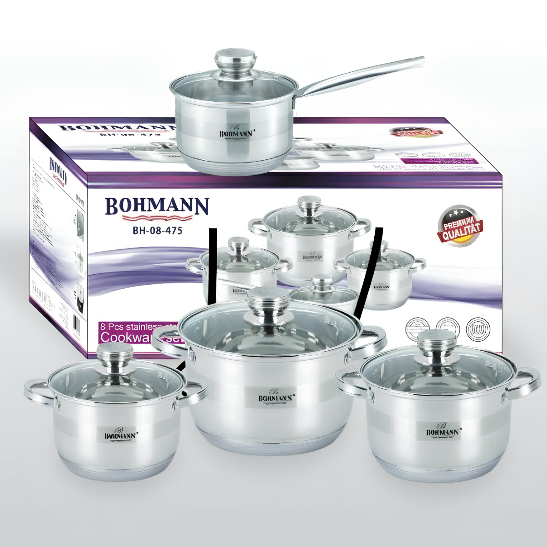 Set 4 oale din inox cu capace din sticla termorezistenta, Bohmann, 2.1L/2.9L/3.9L/5.1L, compatibile inductie