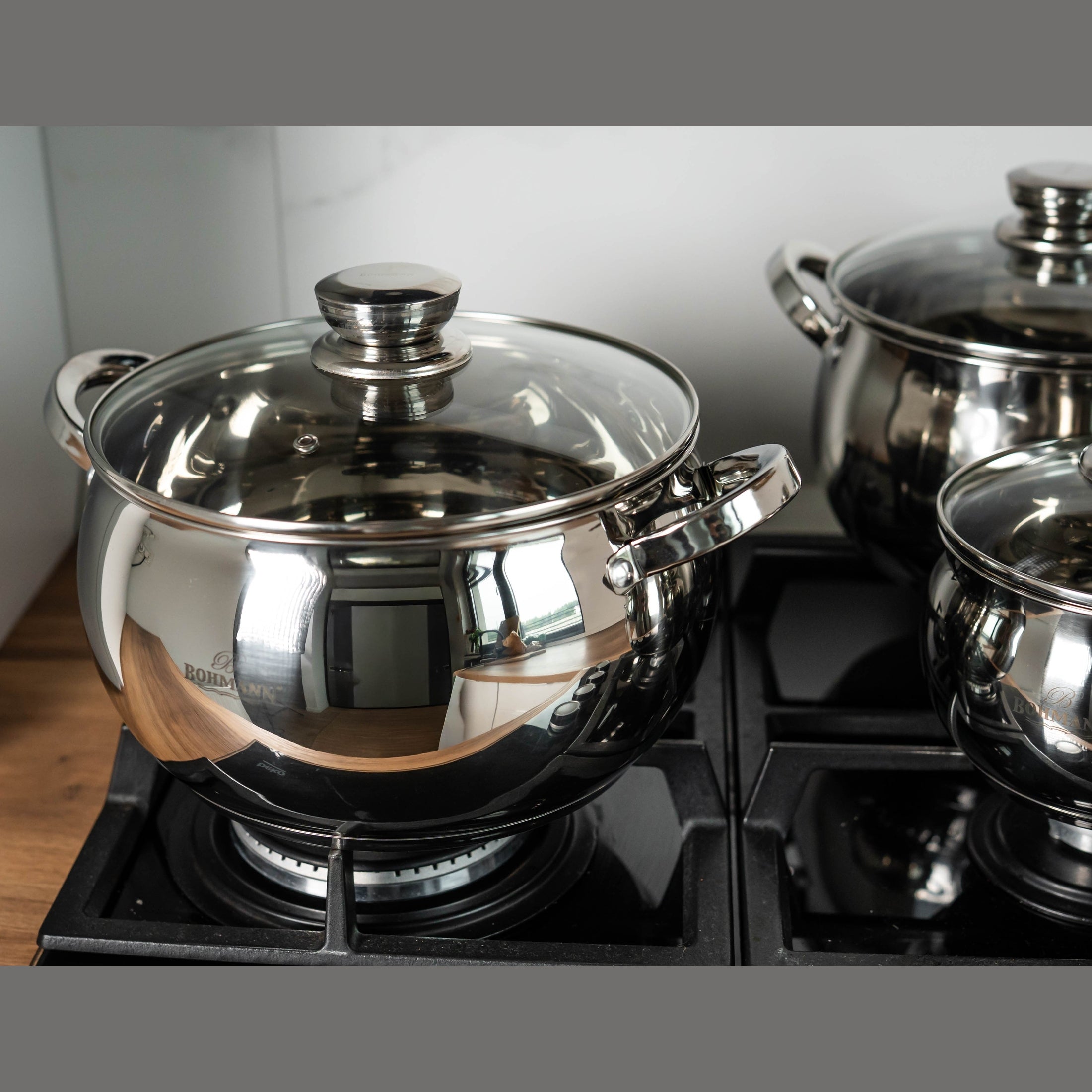 Set de vase pentru gatit 12 piese - oale din inox cu capac, 2.1l, 2.1l, 2.9l, 3.9l, 5.1l, 6,6l, Bohmann