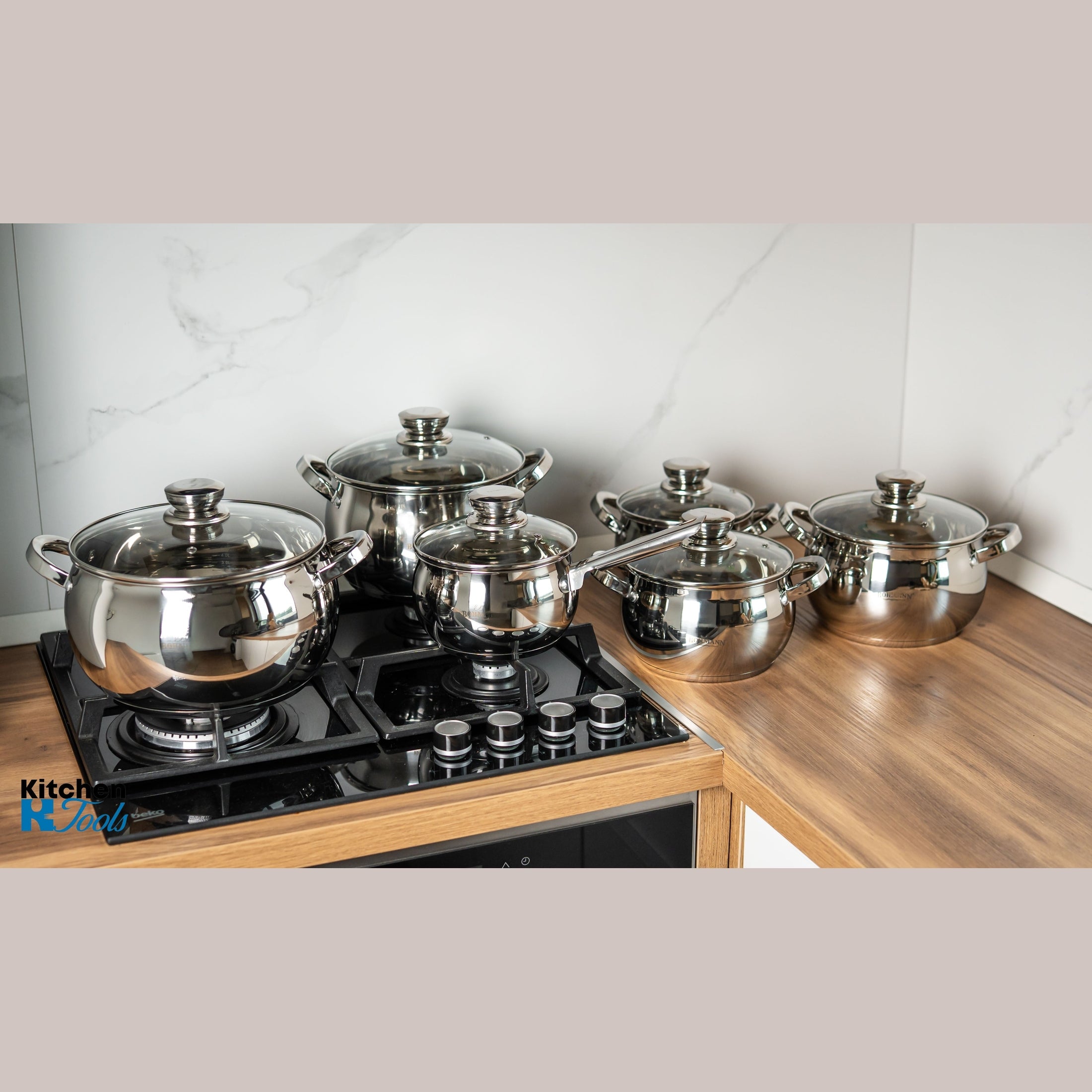 Set de vase pentru gatit 12 piese - oale din inox cu capac, 2.1l, 2.1l, 2.9l, 3.9l, 5.1l, 6,6l, Bohmann