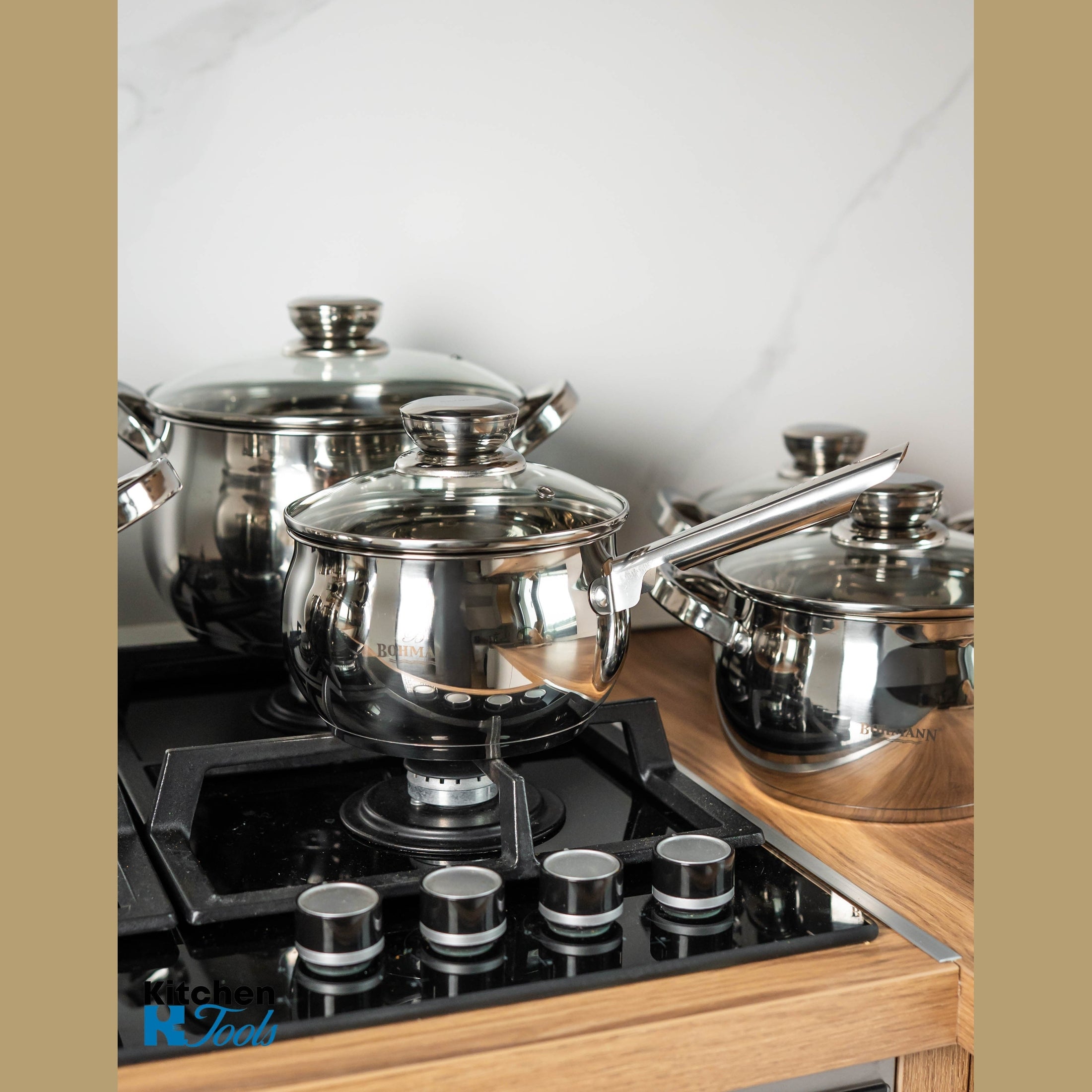 Set de vase pentru gatit 12 piese - oale din inox cu capac, 2.1l, 2.1l, 2.9l, 3.9l, 5.1l, 6,6l, Bohmann