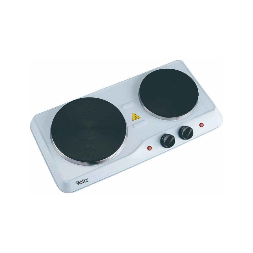 Plita electrica dubla din fonta, 2500W, termostat reglabil, 3 trepte caldura, Ø155 mm și Ø185 mm, Oliver Voltz, alb