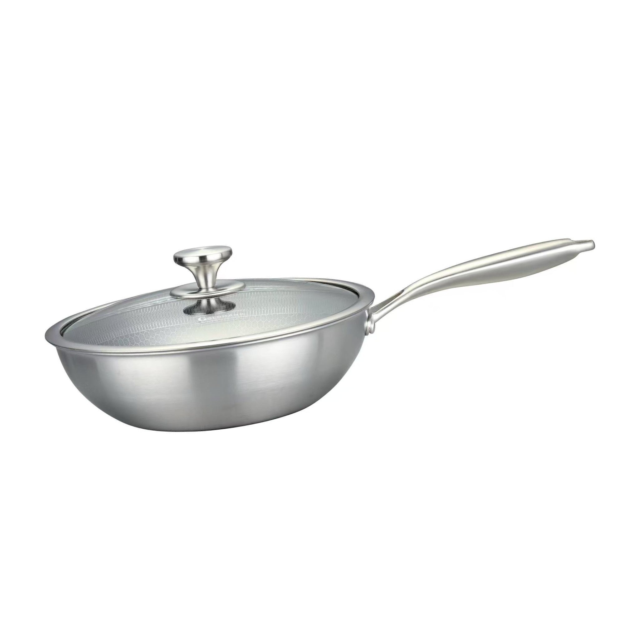 Tigaie WOK hybrid FUSIONHEX PRO, 28x8.5cm, capac sticla, suprafata anti-zgarieturi, acoperire antiaderenta, inox 18/10, Goldmann