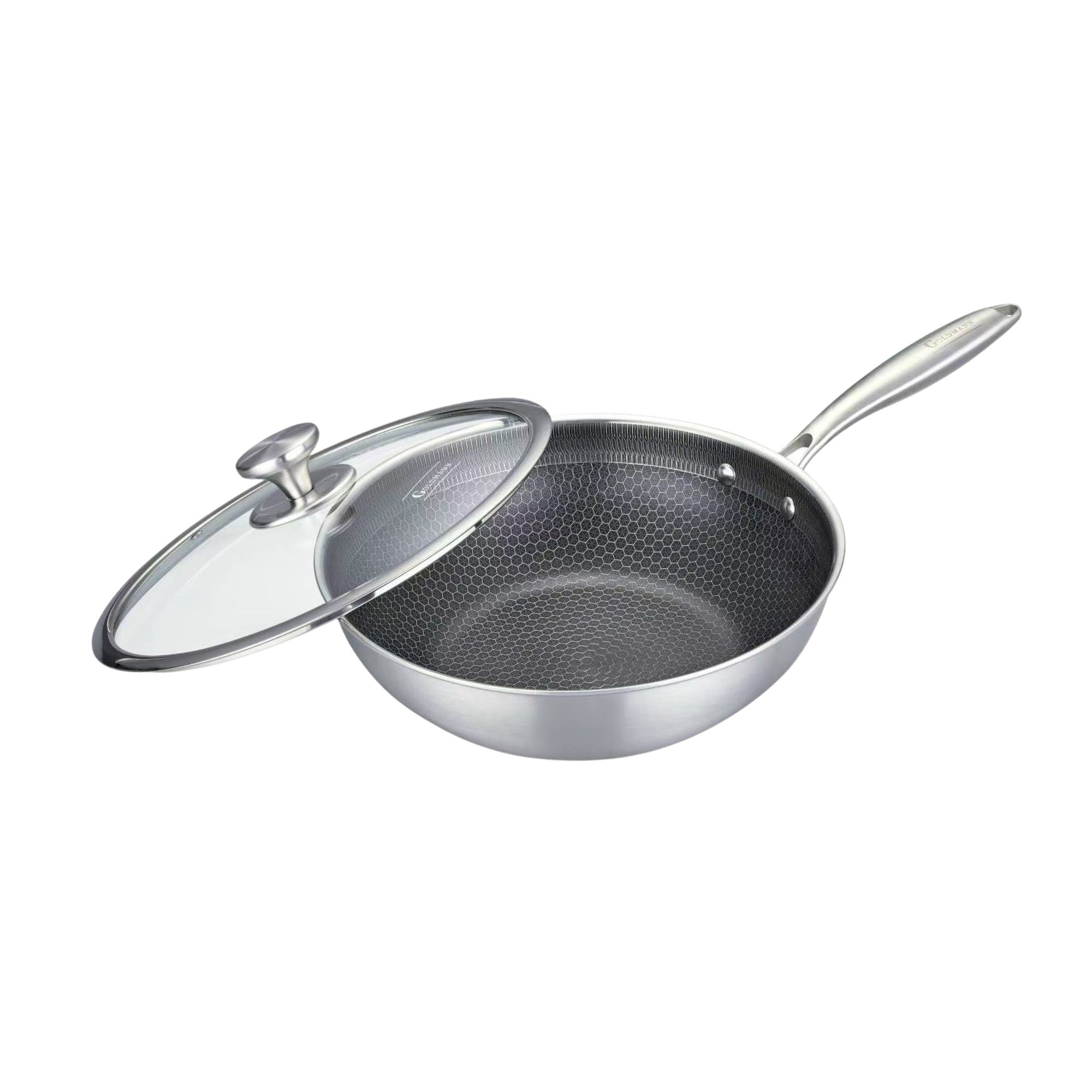Tigaie WOK hybrid FUSIONHEX PRO, 28x8.5cm, capac sticla, suprafata anti-zgarieturi, acoperire antiaderenta, inox 18/10, Goldmann