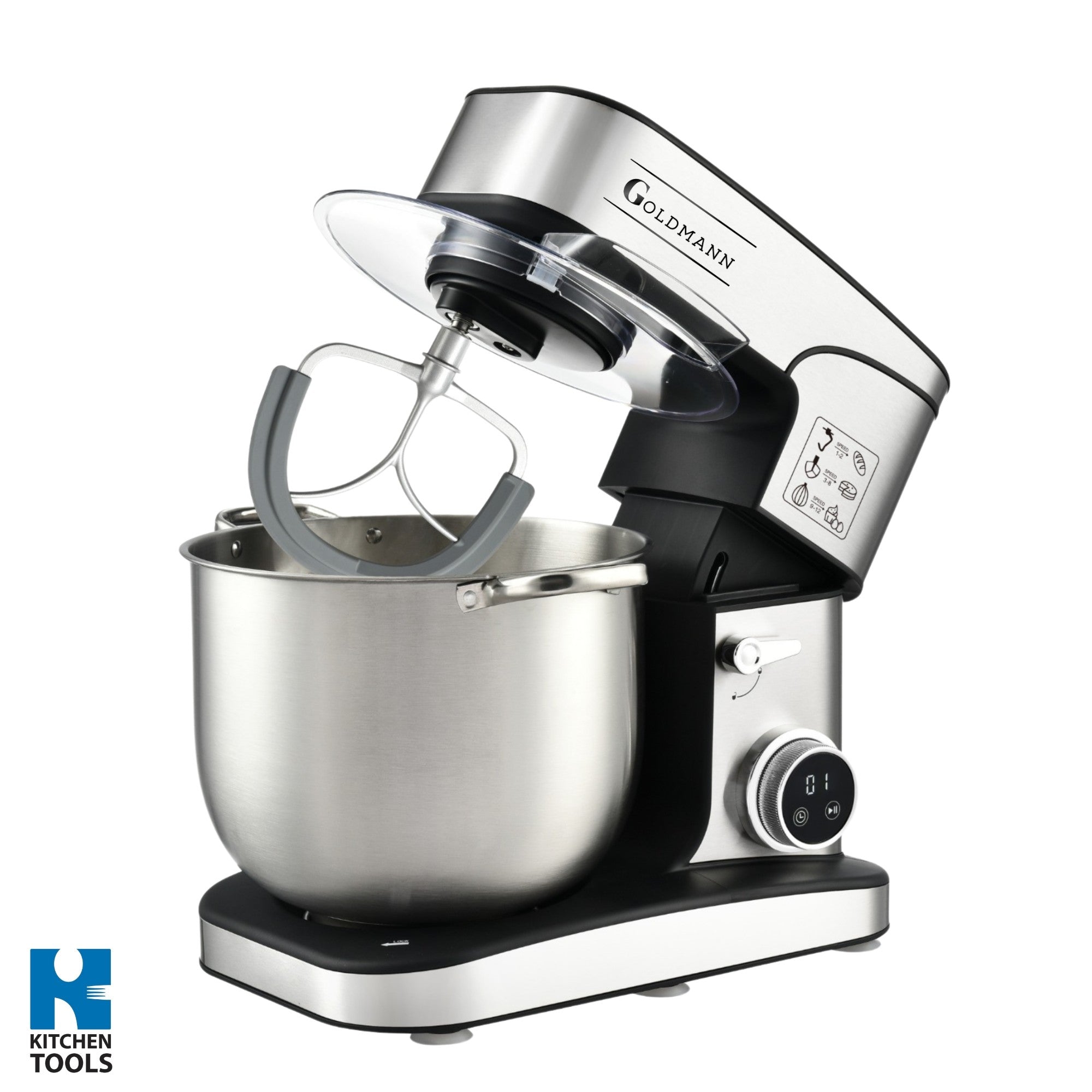 Mixer planetar, 3200 W, Bol 16 L Inox, 5 Accesorii, 6 Viteze, Timer/Cronometru, Angrenaje metalice, Carcasa inox, GOLDMANN, Gri