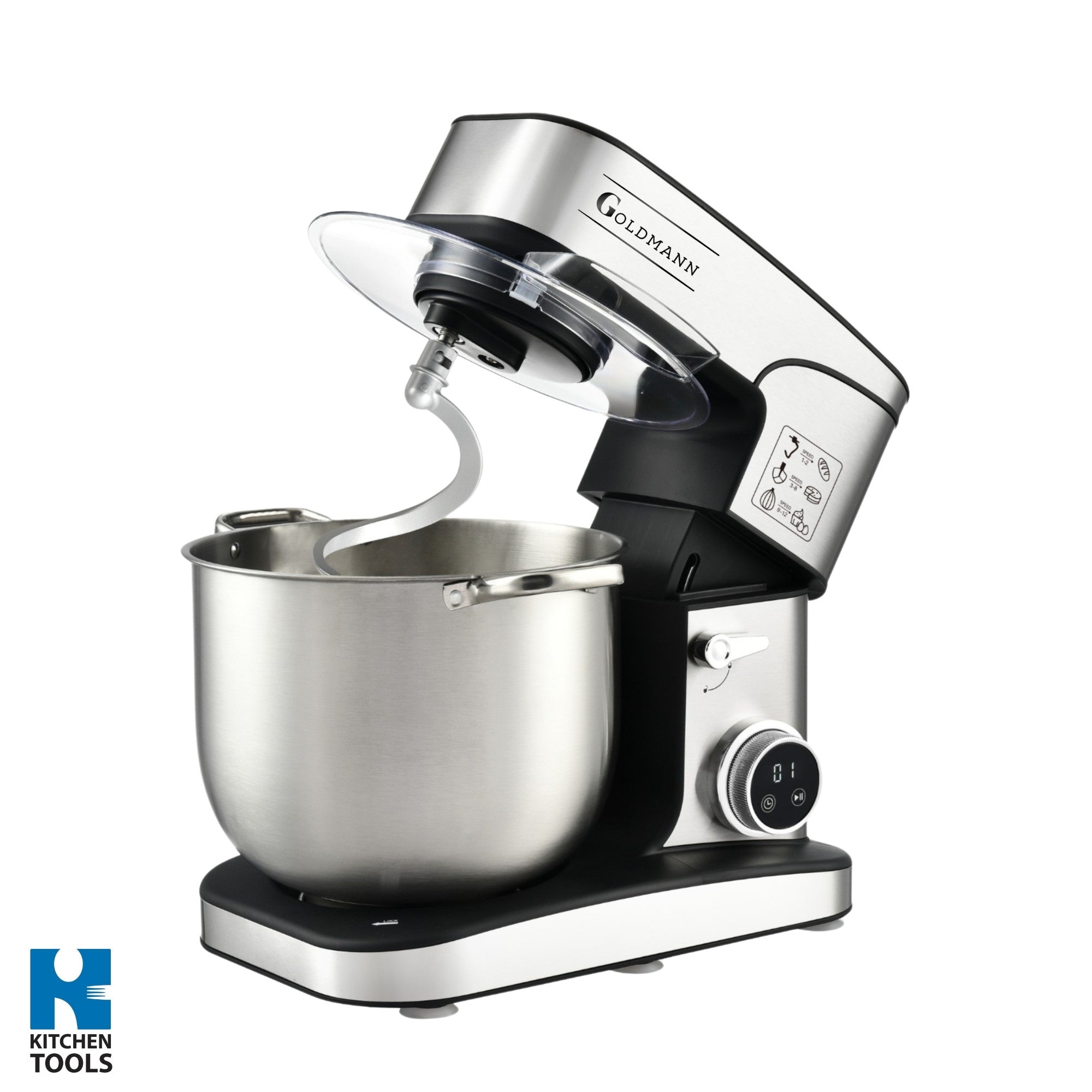 Mixer planetar, 3200 W, Bol 16 L Inox, 5 Accesorii, 6 Viteze, Timer/Cronometru, Angrenaje metalice, Carcasa inox, GOLDMANN, Gri