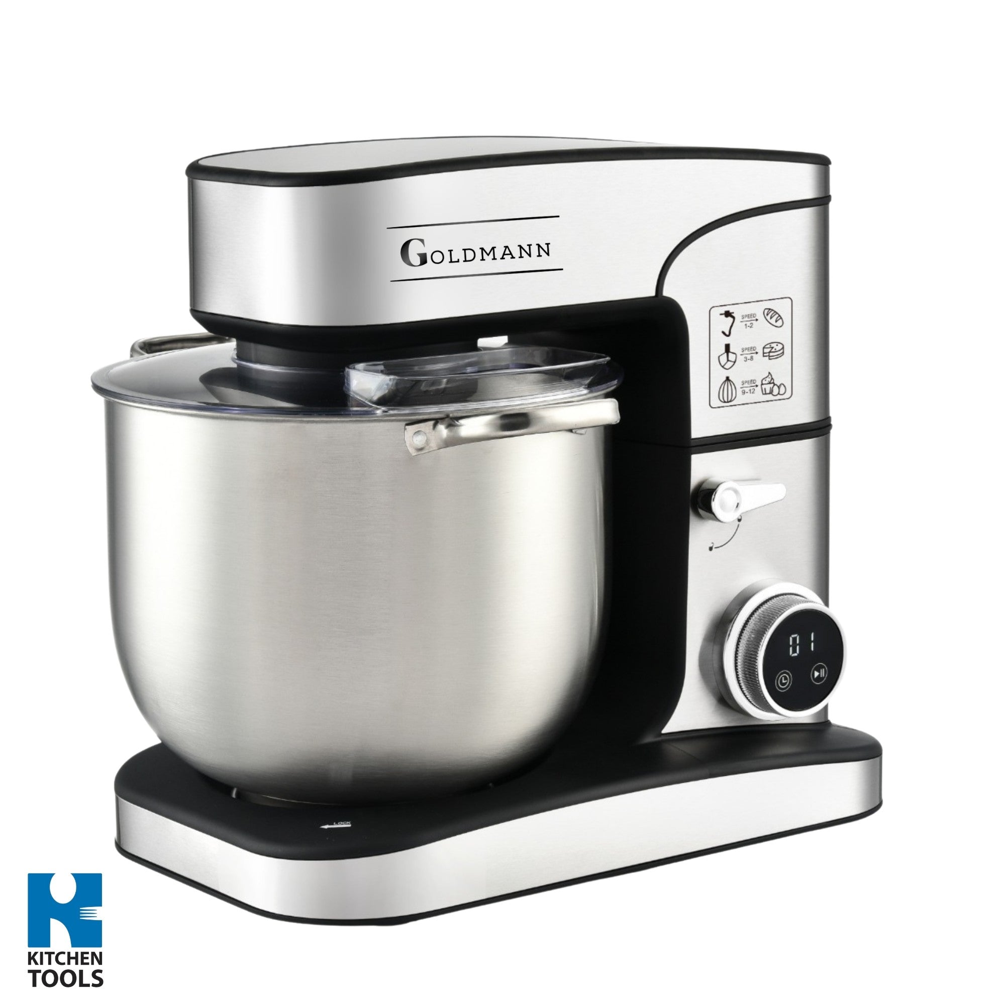 Mixer planetar, 3200 W, Bol 16 L Inox, 5 Accesorii, 6 Viteze, Timer/Cronometru, Angrenaje metalice, Carcasa inox, GOLDMANN, Gri