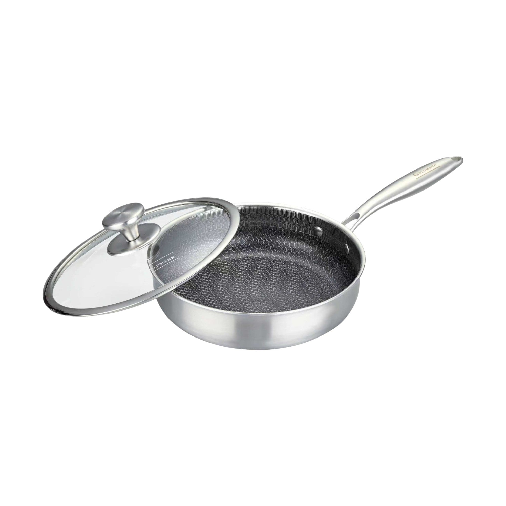 Tigaie inalta hybrid FUSIONHEX PRO, 24x6cm, capac sticla, suprafata anti-zgarieturi, antiaderenta, inox 18/10, Goldmann