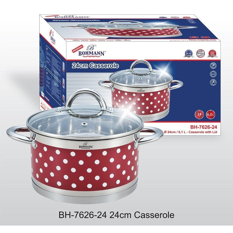 Oala inox Bohmann cu buline, 24cm, capac sticla