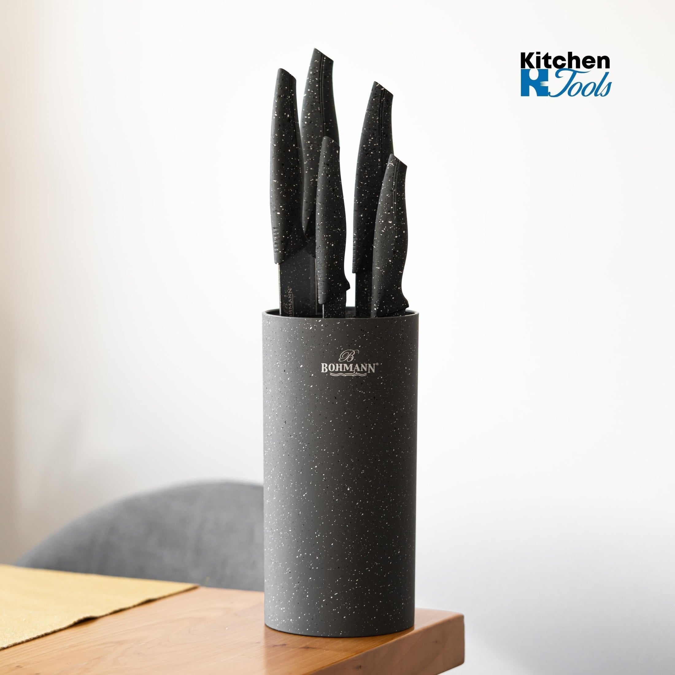 Set 6 Cuțite Bohmann cu Stand Rotund Negru