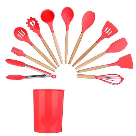 Set Ustensile Bucătărie 11 Piese Lemn și Silicon
