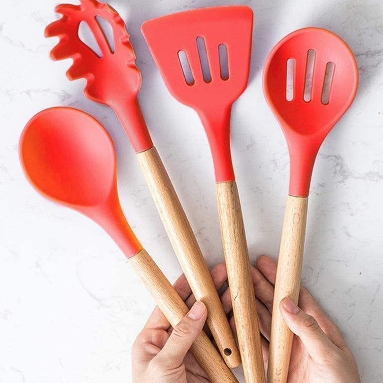 Set Ustensile Bucătărie 11 Piese Lemn și Silicon