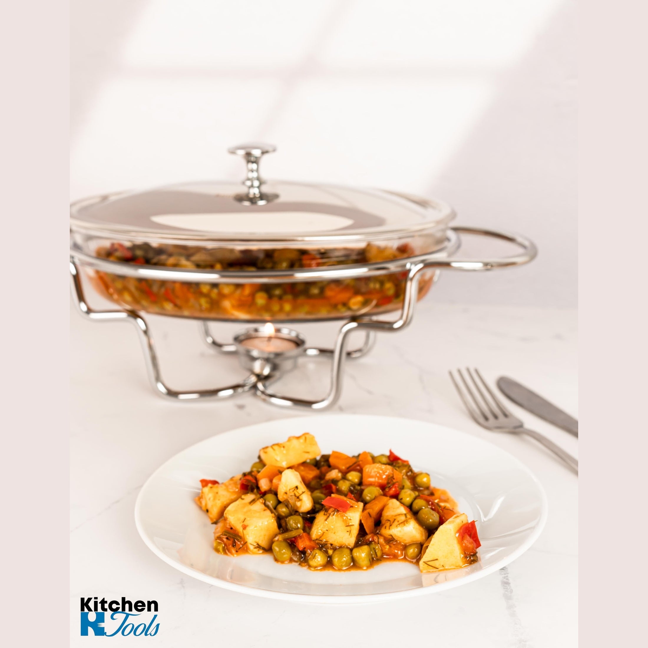 Chafing dish sticla 1.6L cu capac si suport inox