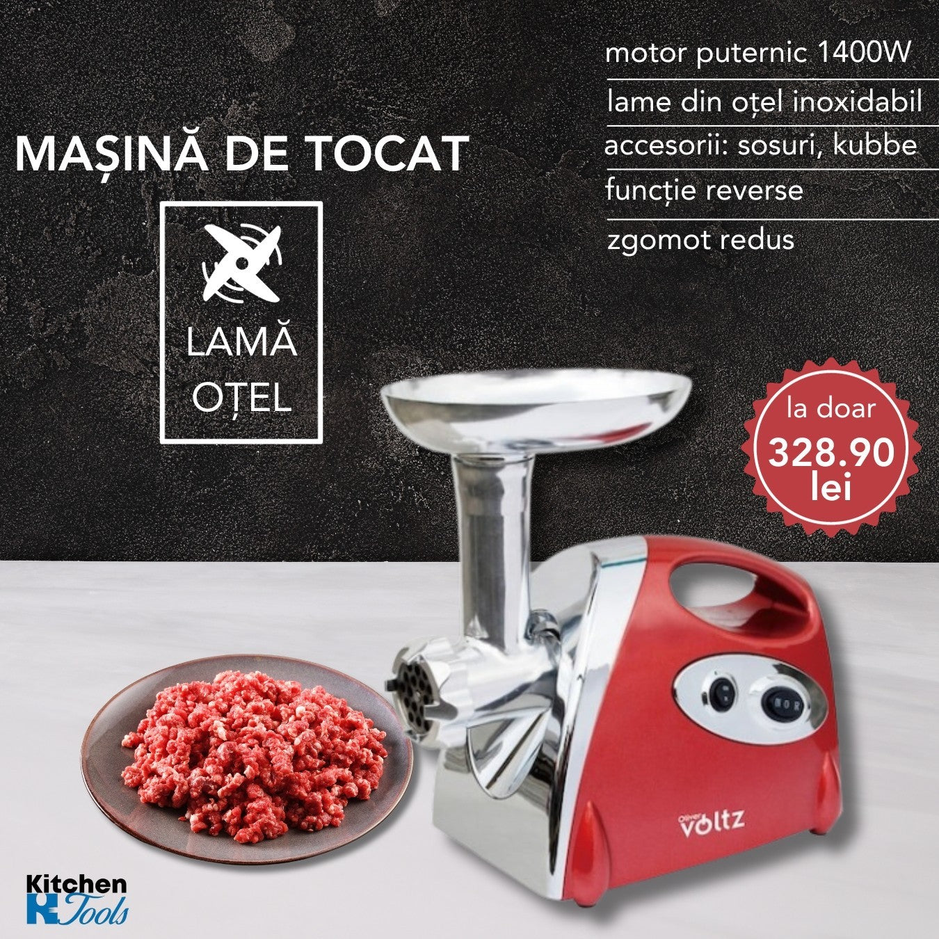 Masina de tocat carne Voltz, 1400W, rosie