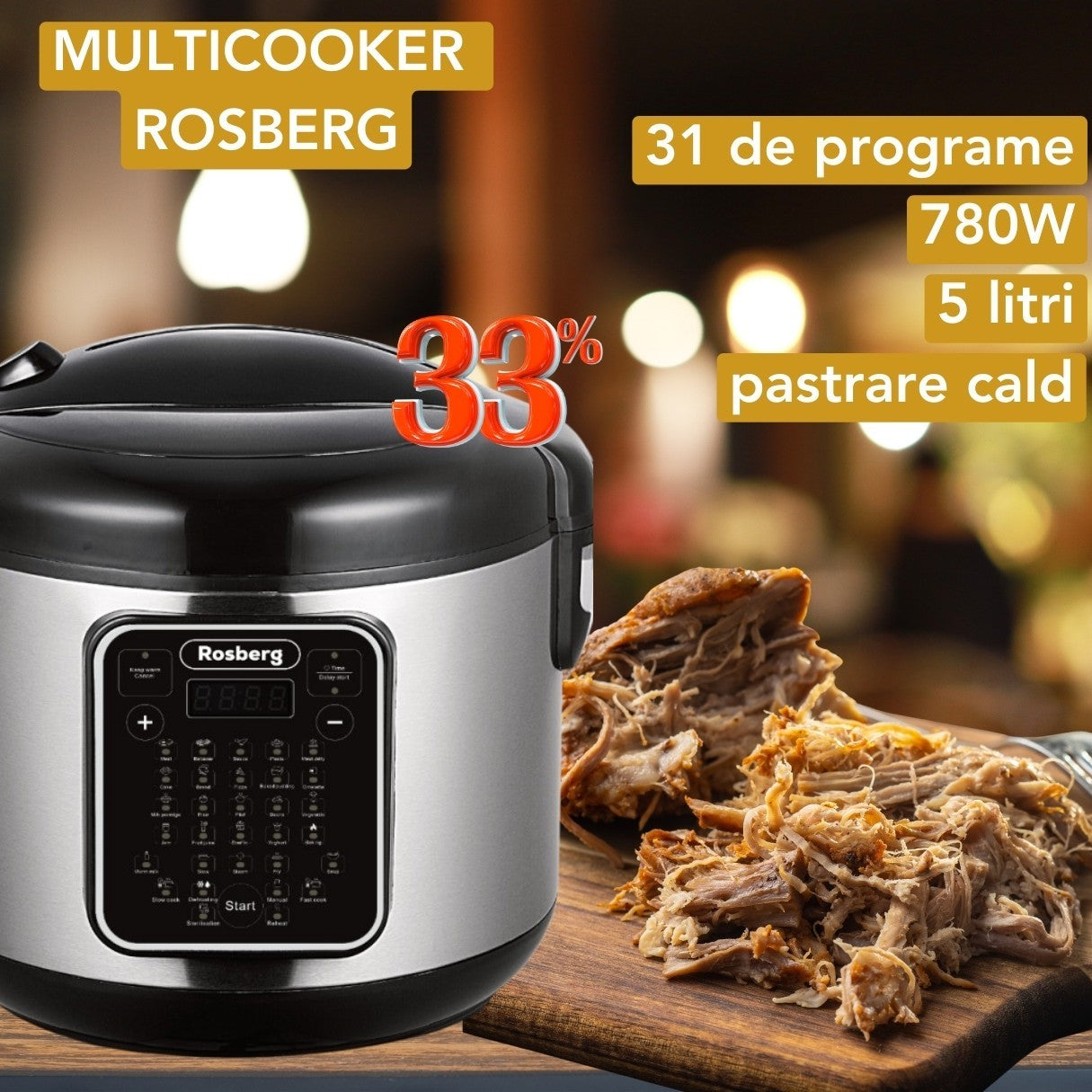 Multicooker Rosberg din inox, 5L, 780W