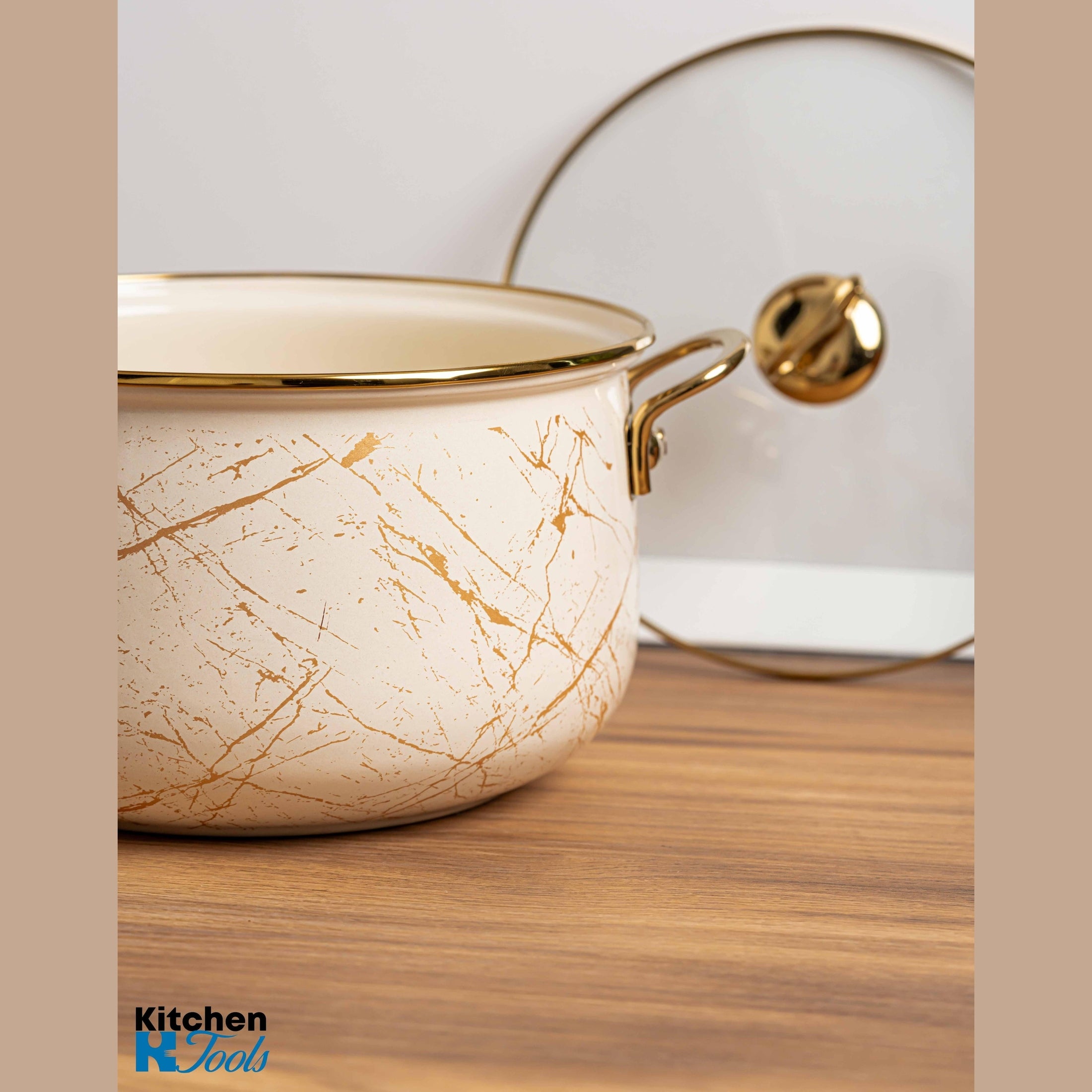 Cratiță Emailată Goldmann cu Manere Aurii și Capac Sticlă