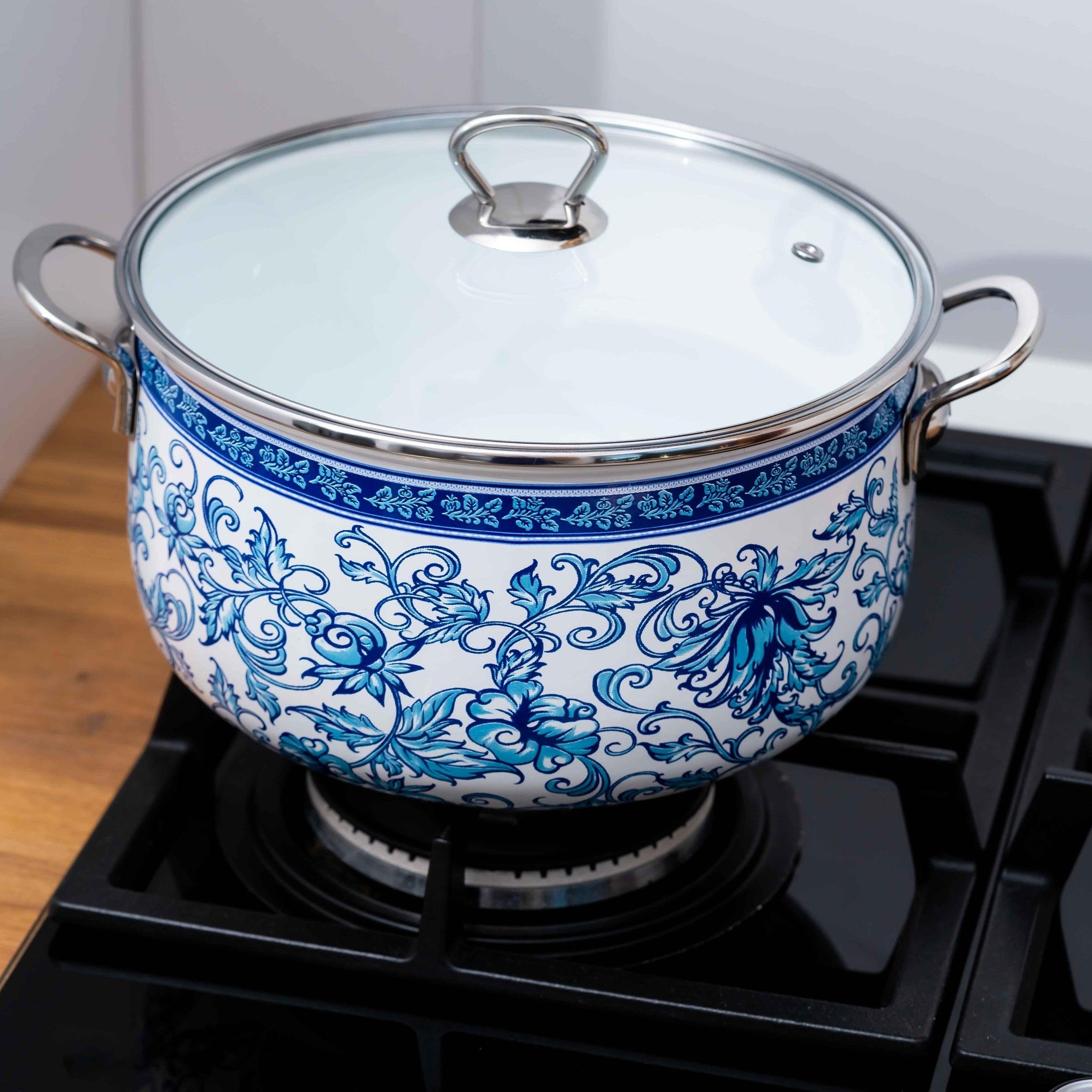 Cratita emailata Goldmann, 22x14cm, model floral albastru