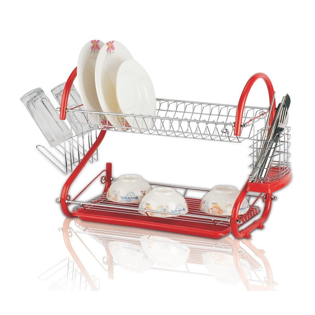 Uscător de vase inox Rosberg, 2 nivele, roșu