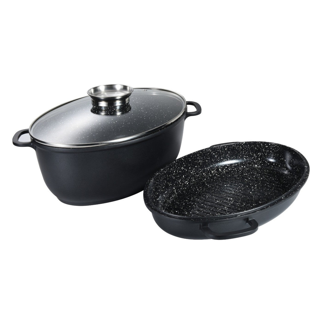 Set 3 piese roaster oval Goldmann cu capac sticlă