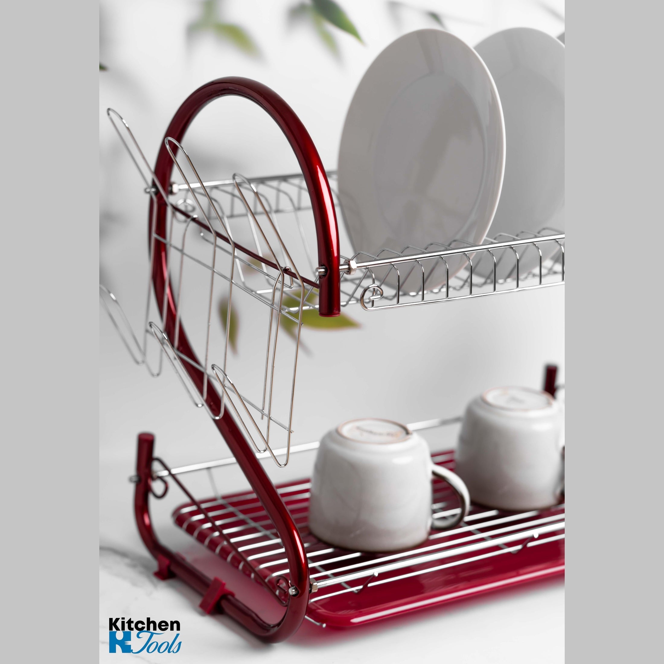 Uscător de vase inox Rosberg, 2 nivele, roșu