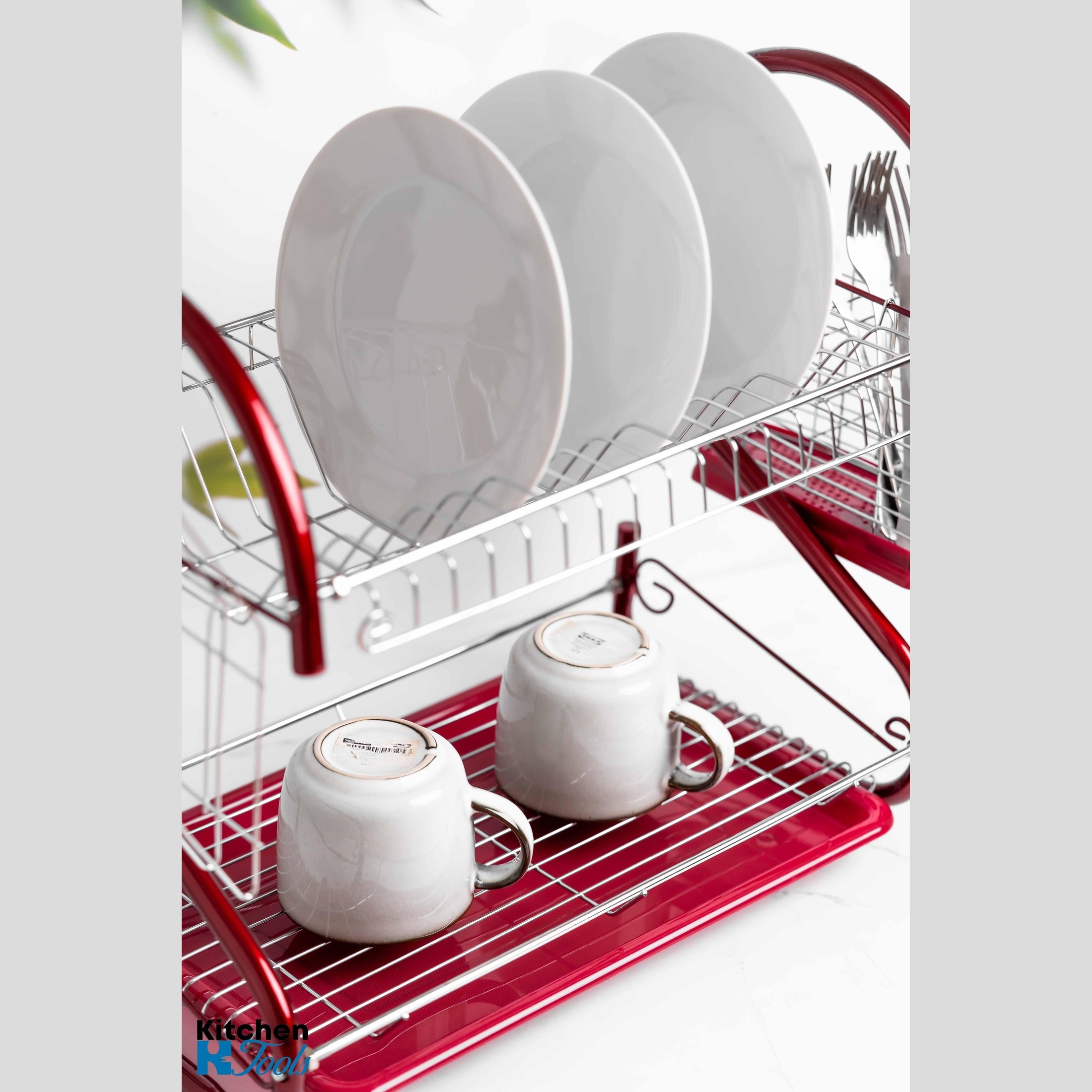 Uscător de vase inox Rosberg, 2 nivele, roșu
