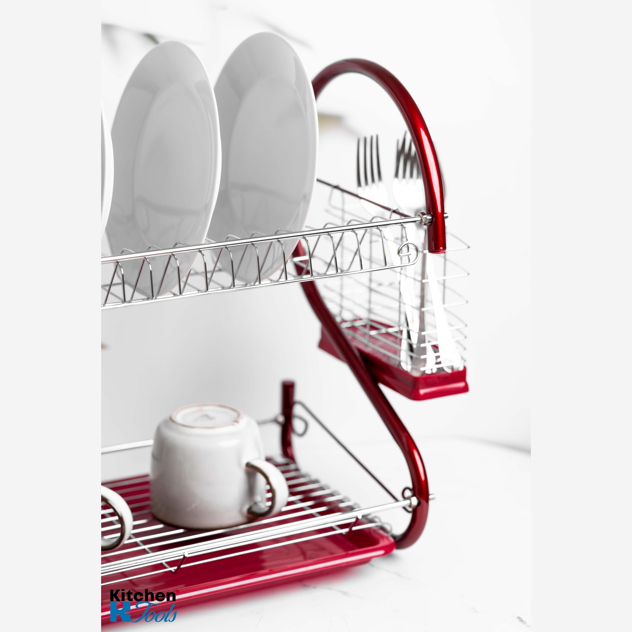Uscător de vase inox Rosberg, 2 nivele, roșu