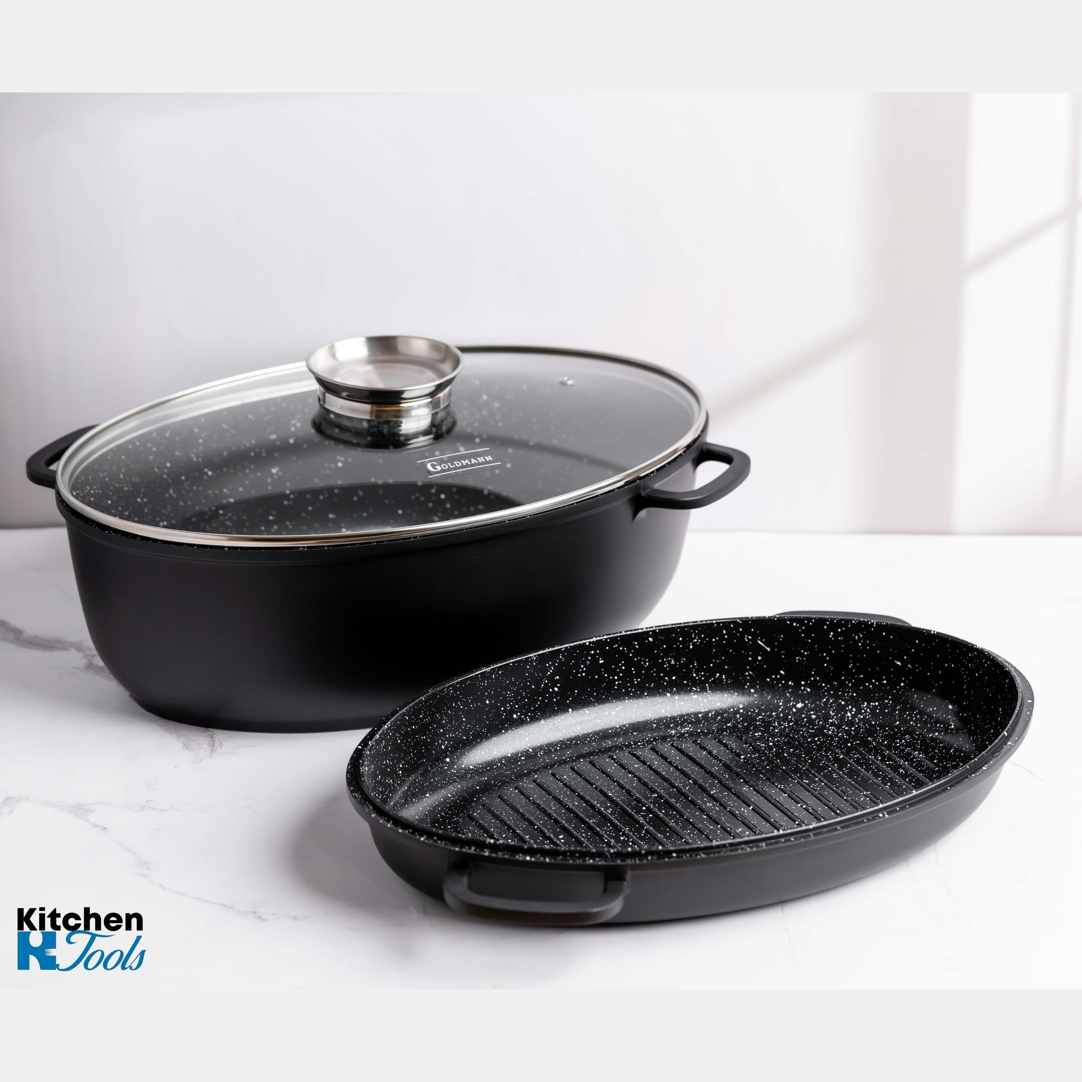 Set 3 piese roaster oval Goldmann cu capac sticlă