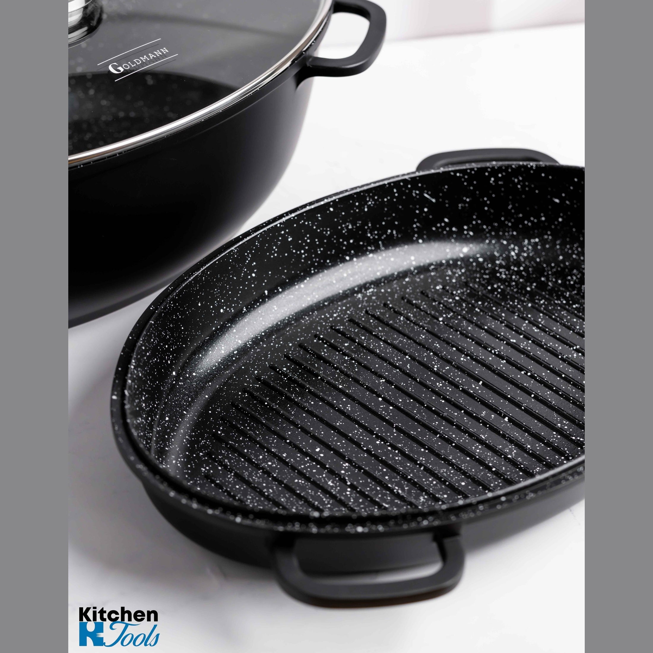 Set 3 piese roaster oval Goldmann cu capac sticlă