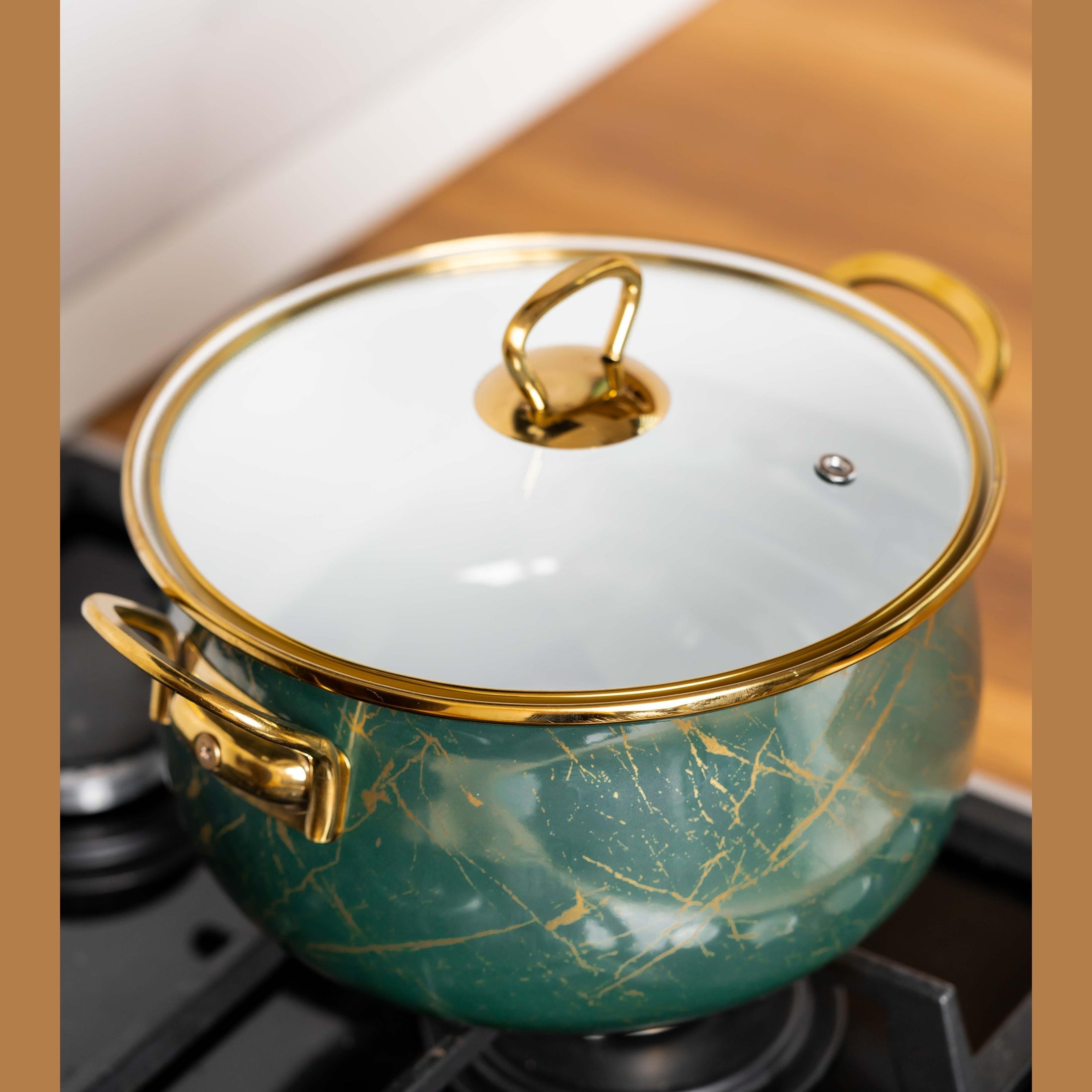 Cratiță Emailată Verde Smarald 5L cu Manere Aurii