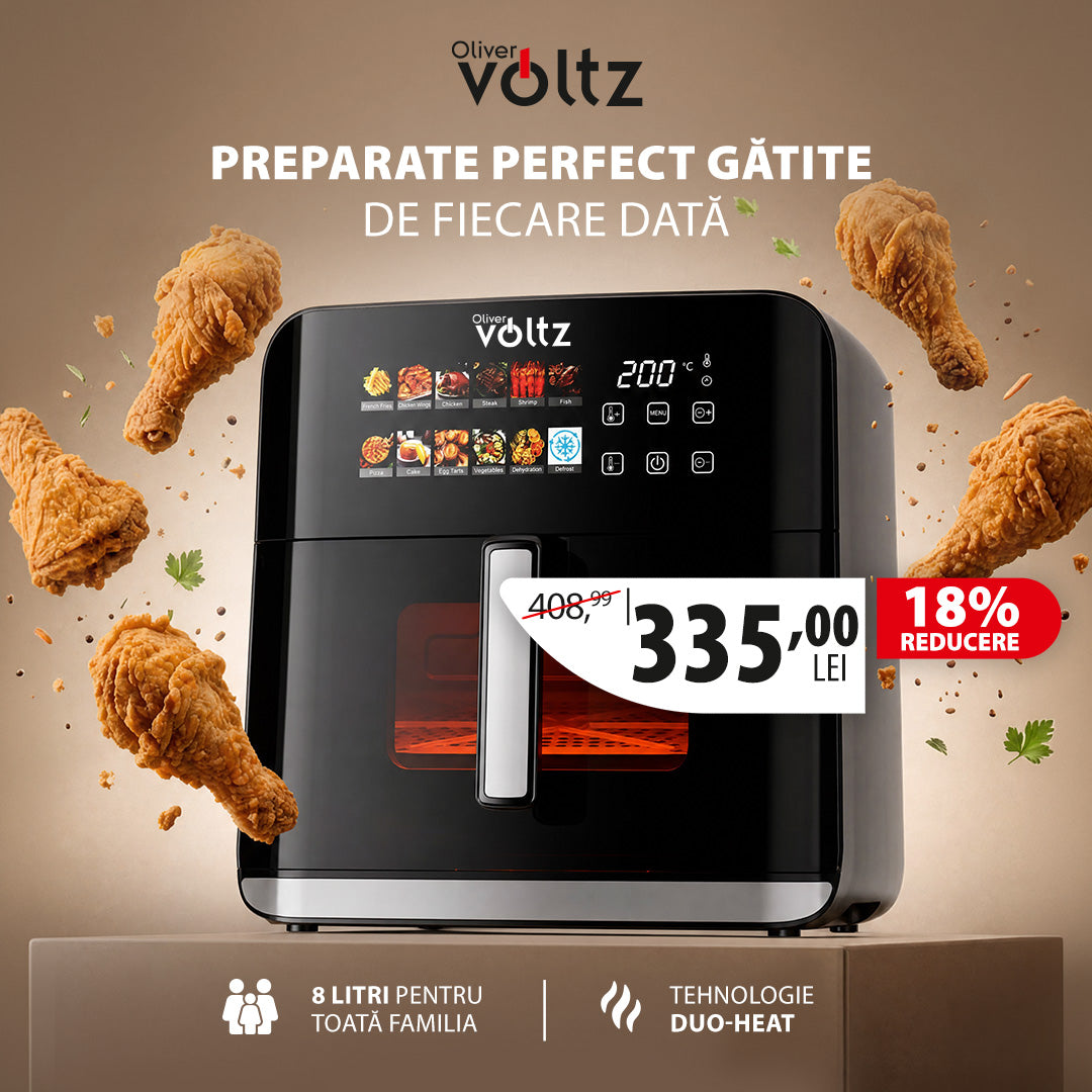 Air Fryer/ Friteuza DUO-Heat cu aer cald, 8 litri, 1800W, incalzire sus-jos, 12 programe, display LED color, fereastra transparenta, timer, Oliver Voltz