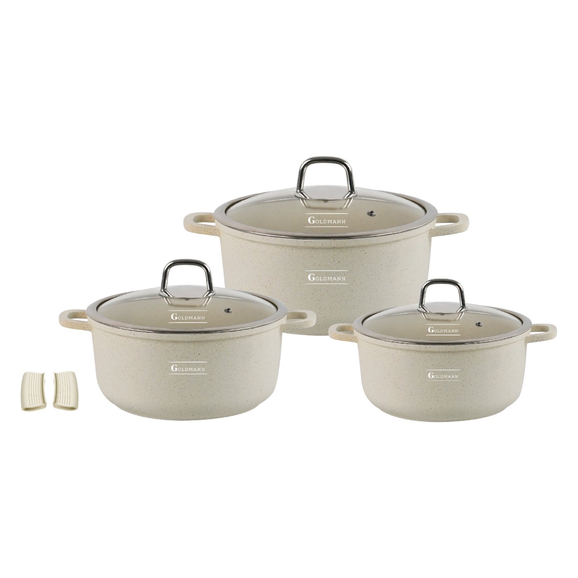 Set vase gatit, 6 piese, 2.3L, 4.5L, 6.5L, Interior antiaderent Ceramic, protectie manere silicon,  Marmorat, inductie, Goldmann