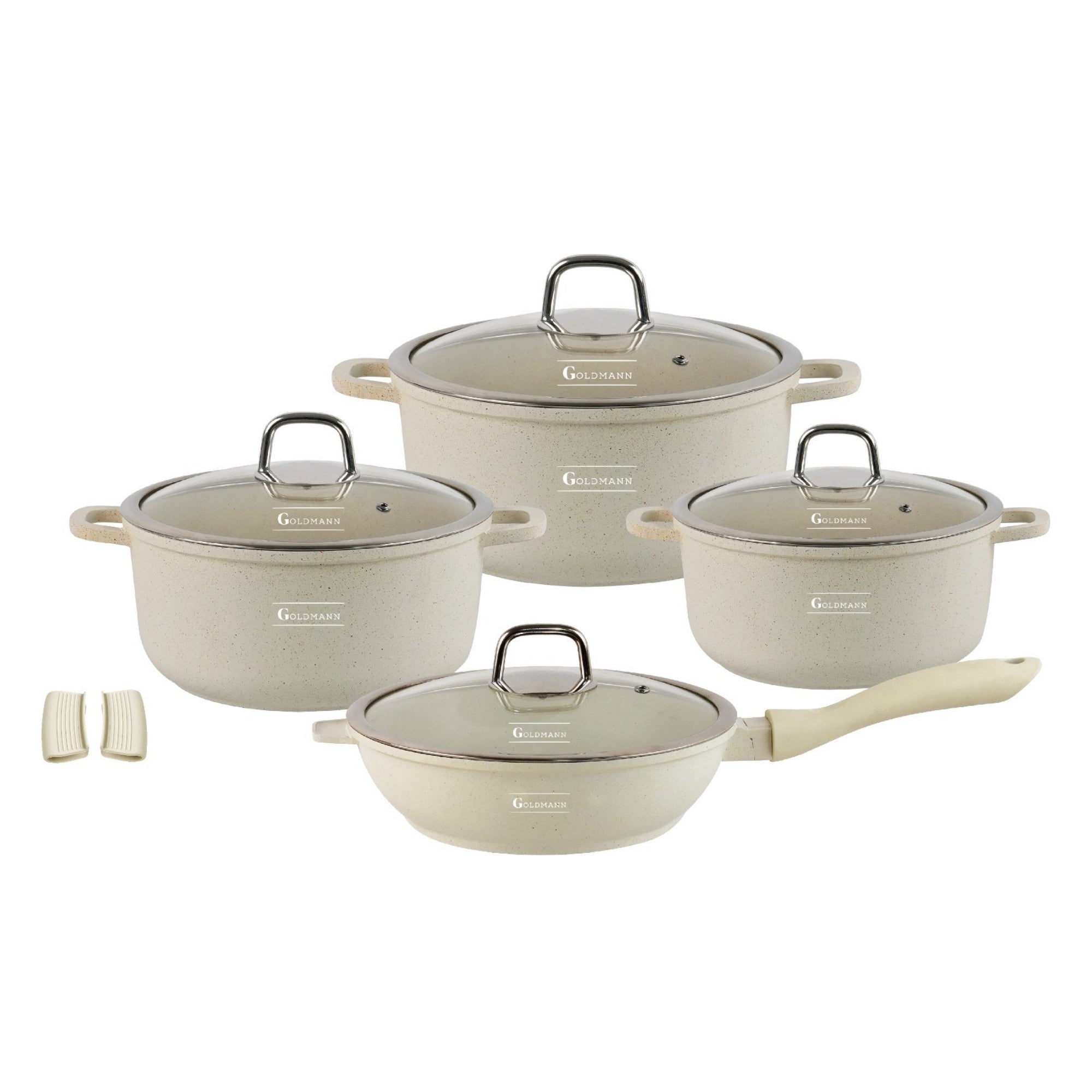 Set vase gatit, 8 piese, 2.3L, 4.5L, 6.5L + Tigaie 2.3L, Interior antiaderent Ceramic, protectie manere silicon, Marmorat, inductie, Goldmann