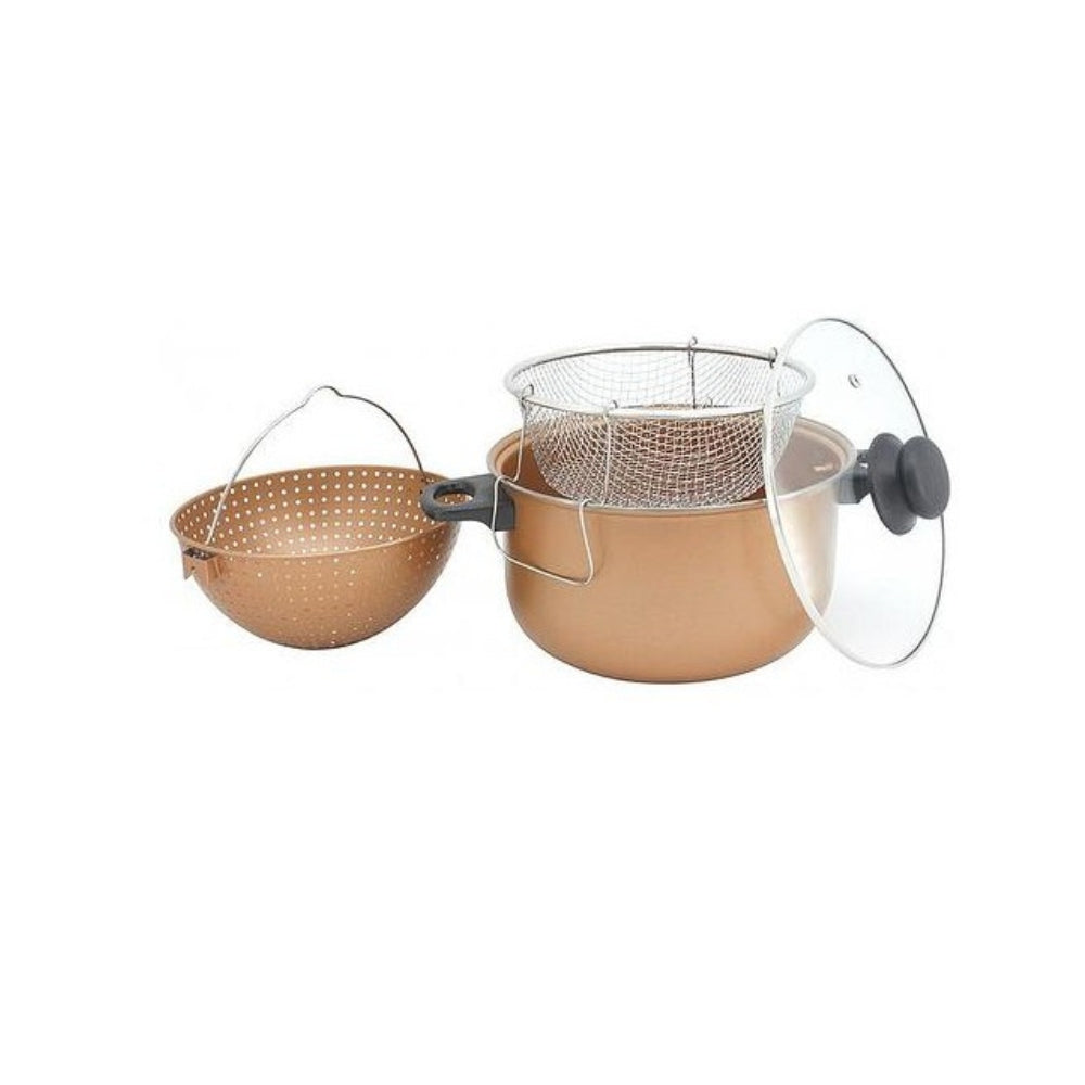 Oala pentru sosuri si prajit, 2 cosuri inox incluse, capac, 5.2 litri, antiaderenta, Oliver Voltz